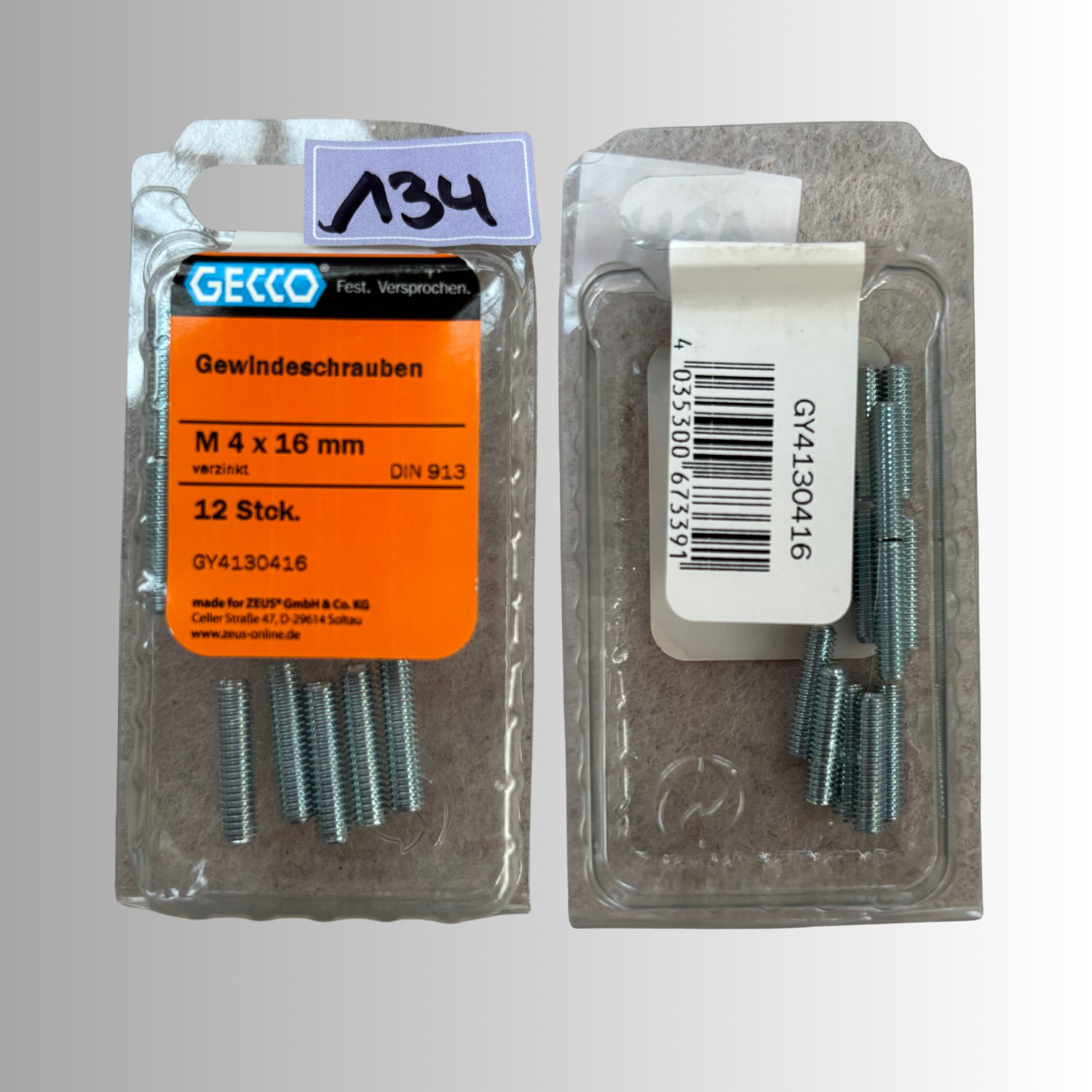 No.134 Gecco Gewindeschrauben M4x16mm - 12 Stüc Verzinkt