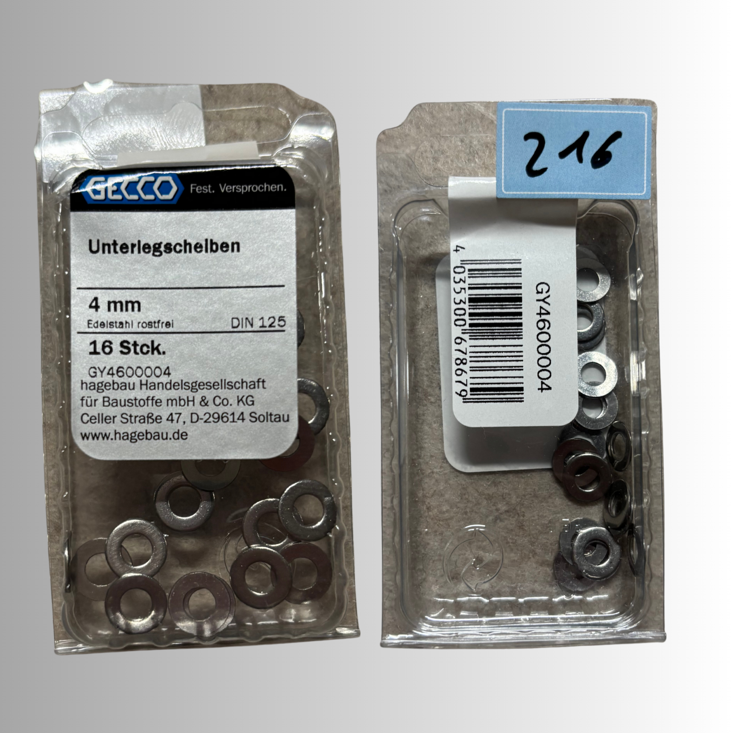No.216 Gecco Unterlegscheiben 4mm - 16 Stück Edelstahl