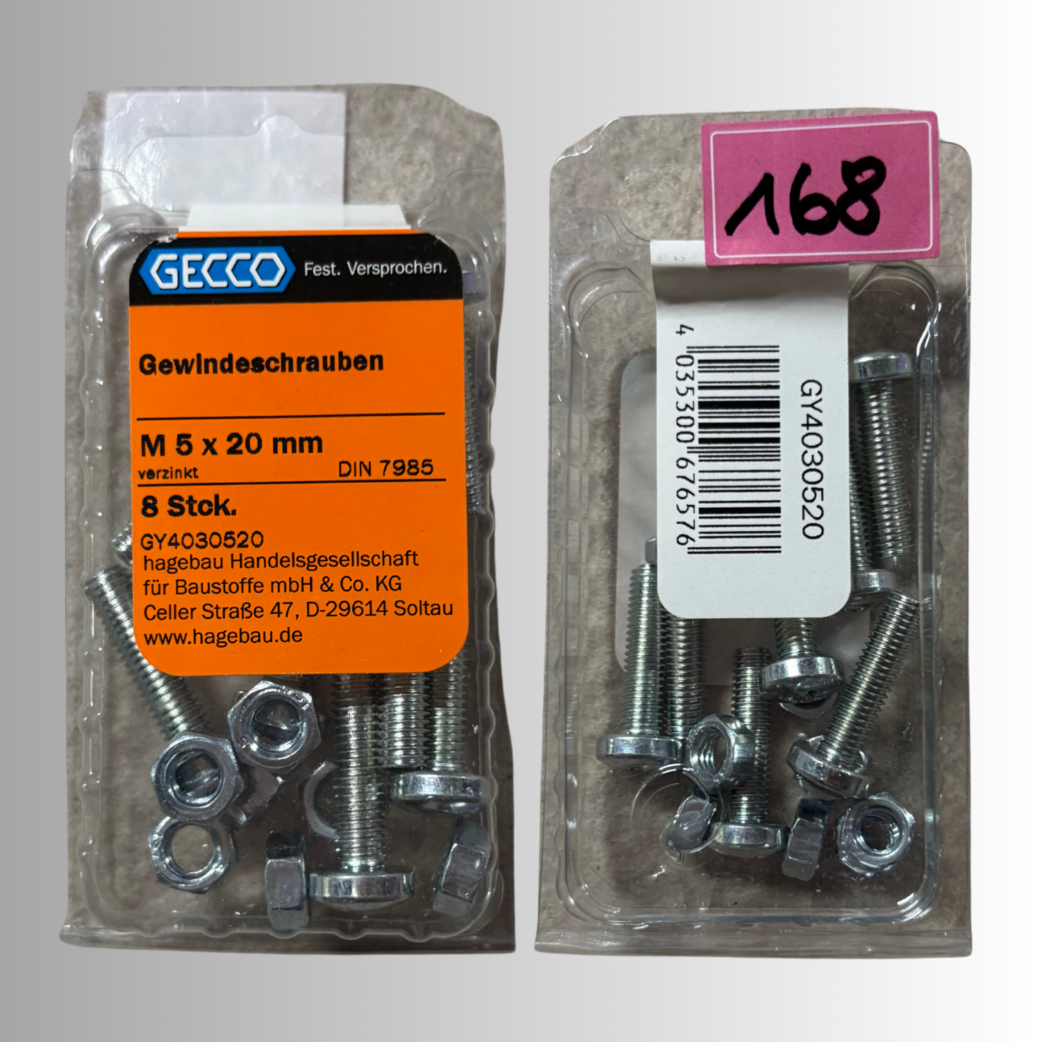 No.168 Gecco Gewindeschrauben M5x20mm - 8 Stück Verzinkt