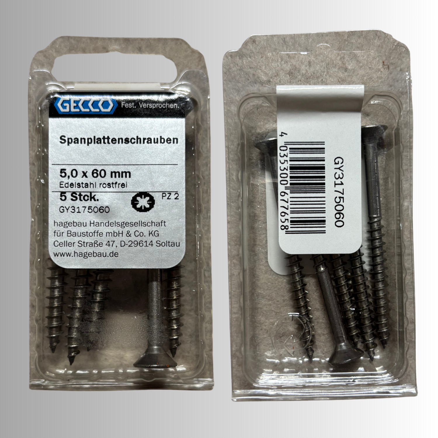 No.202 Gecco Spannplattenschrauben 5,0x60mm - 5 Stück Edelstahl