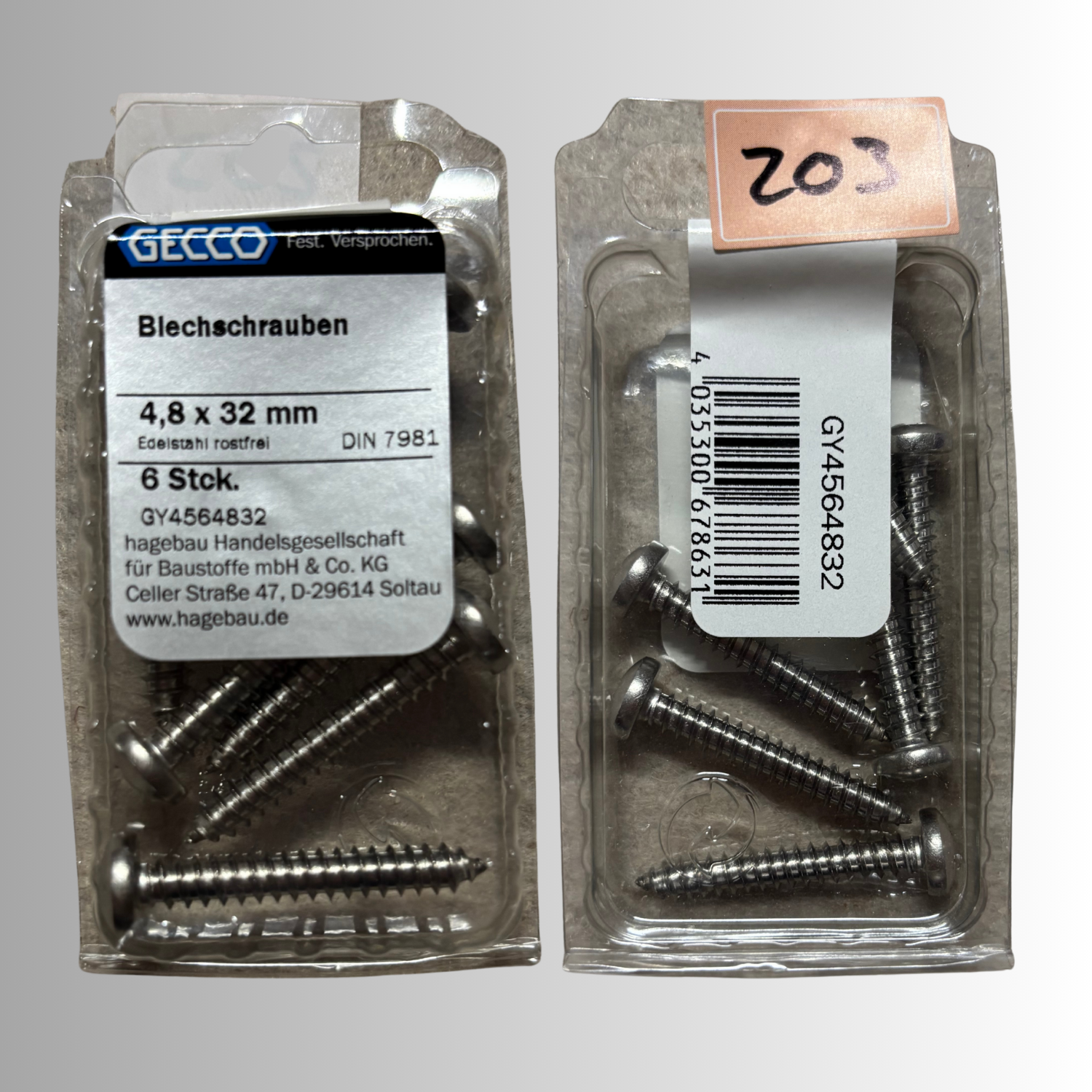 No.203 Gecco Blechschrauben 4,8x32mm - 6 Stück Edelstahl