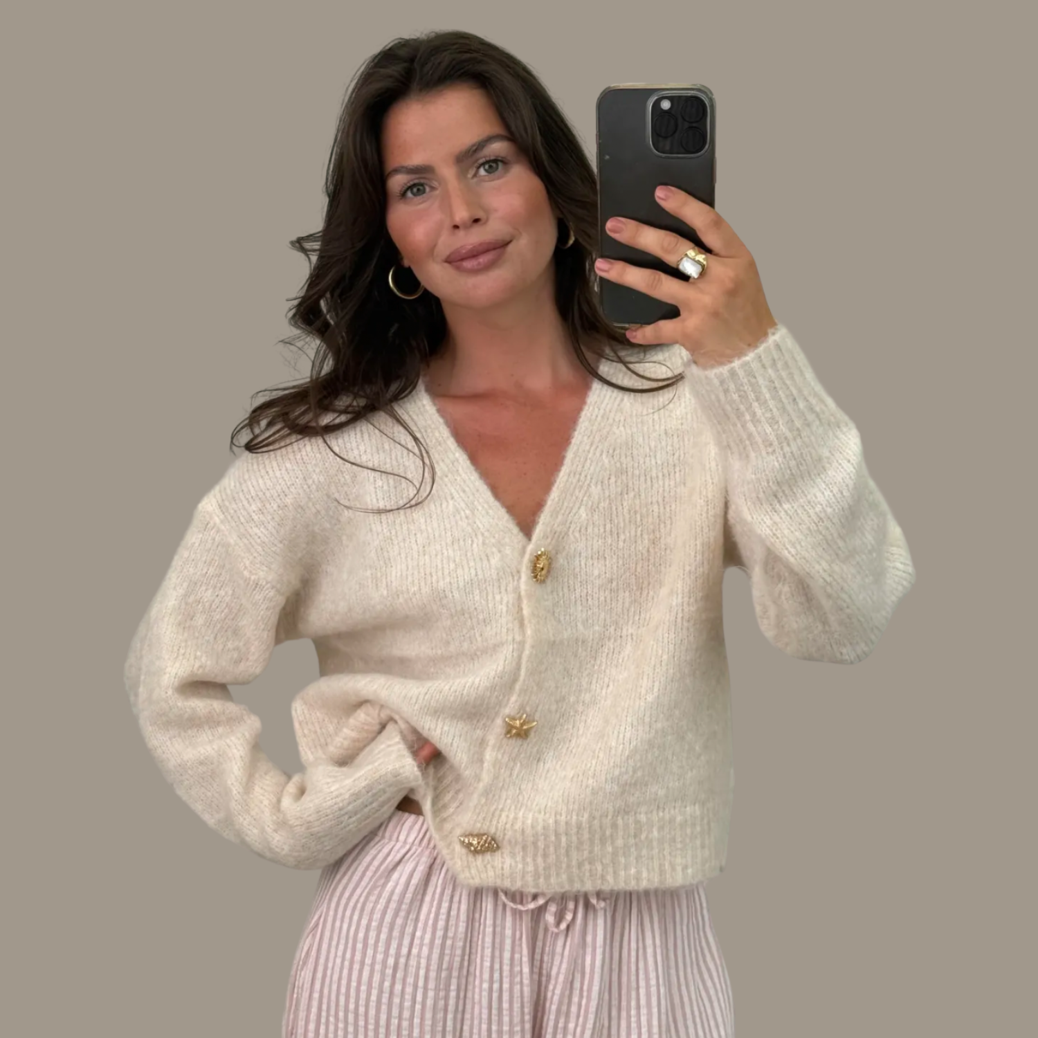 Cardigan Beige Pullover Strick Oberteil Damen Einheitsgröße