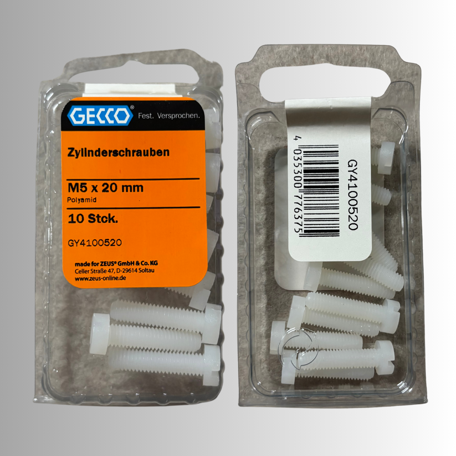 No.188 Gecco Zylinderschrauben M5x20mm - 10 Stück Polyamid