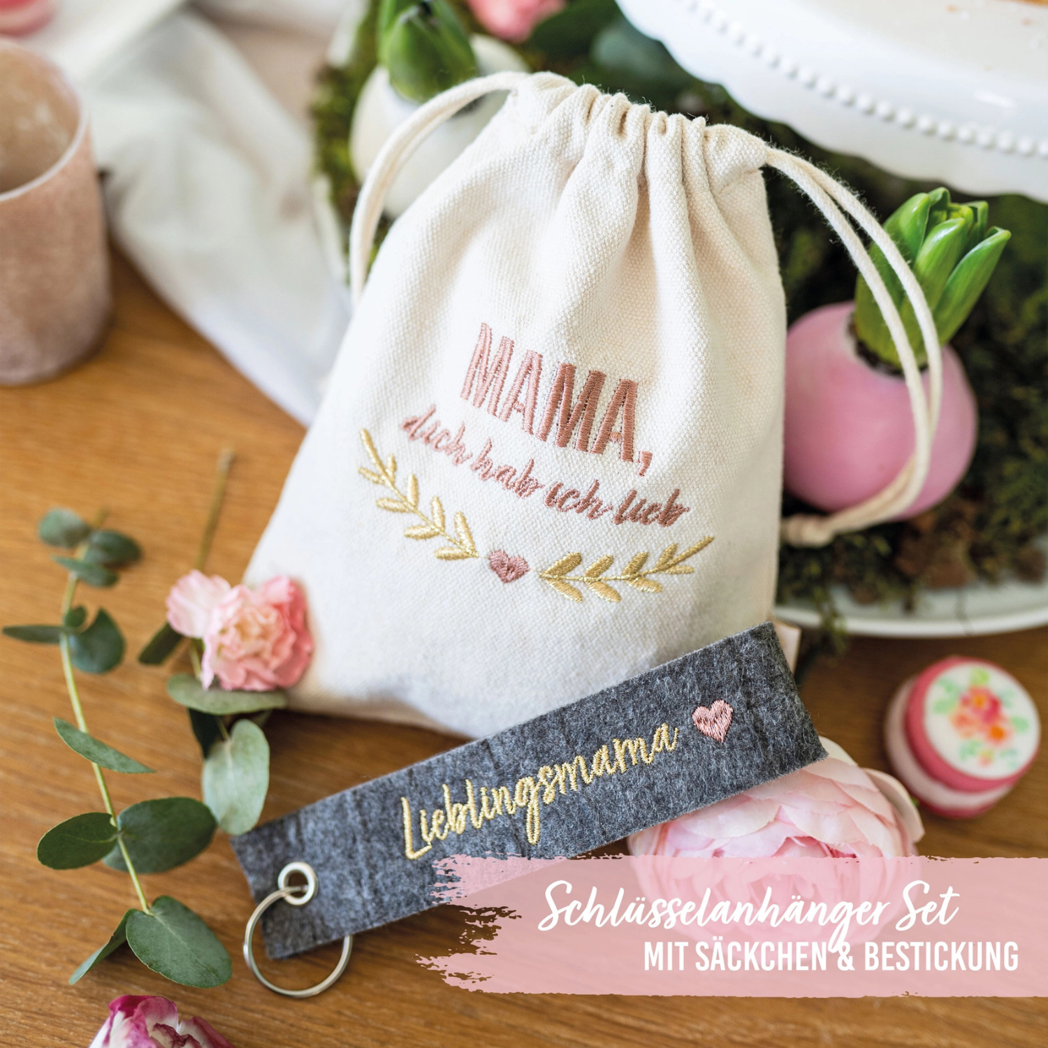 Geschenk MAMA Filzschlüsselanhänger mit Säckchen - Mama dich hab ich lieb  - Lieblingsmama