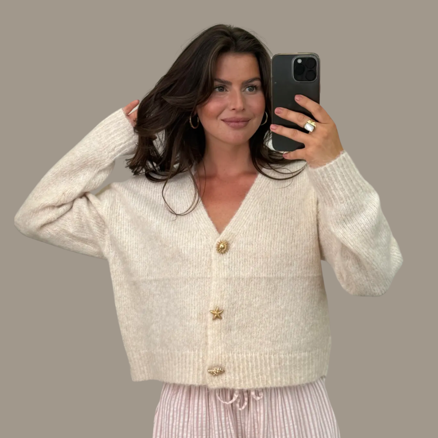 Cardigan Beige Pullover Strick Oberteil Damen Einheitsgröße