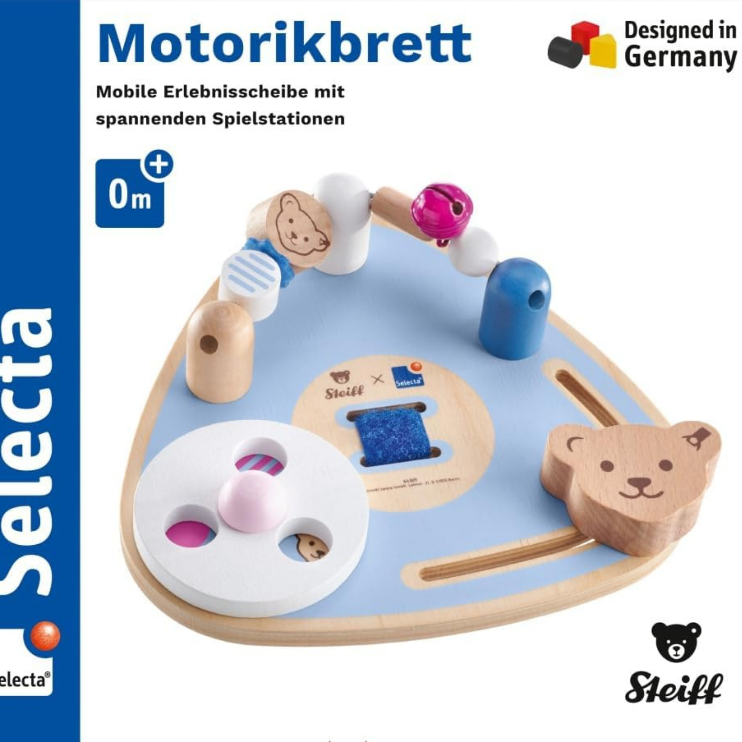 Selecta Steiff Motorikbrett, Motorikspielzeug, Motorik Spielzeug, Holz, 17 cm Baby Kinder