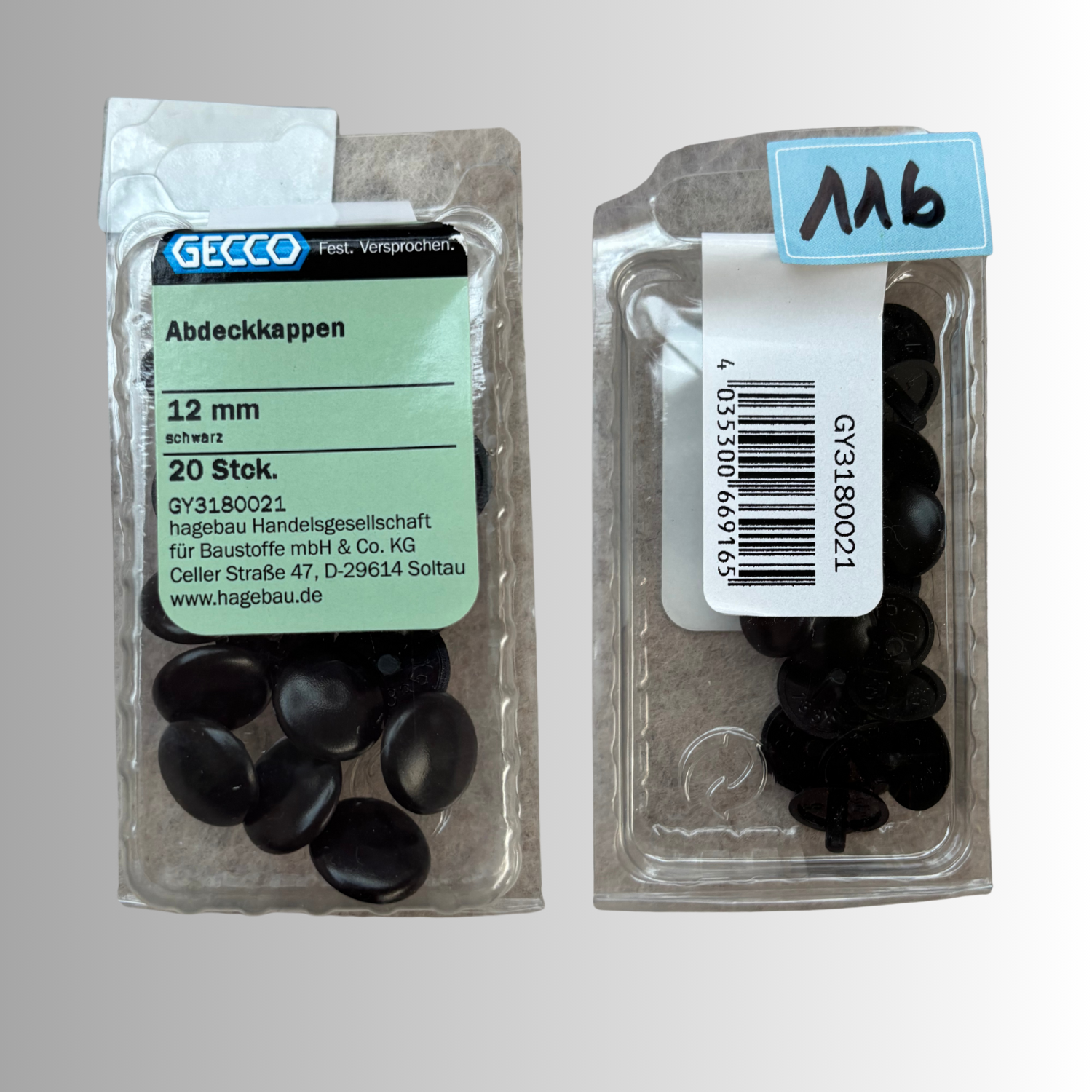 No.116 Gecco Abdeckkappen 12mm - 20 Stück Schwarz