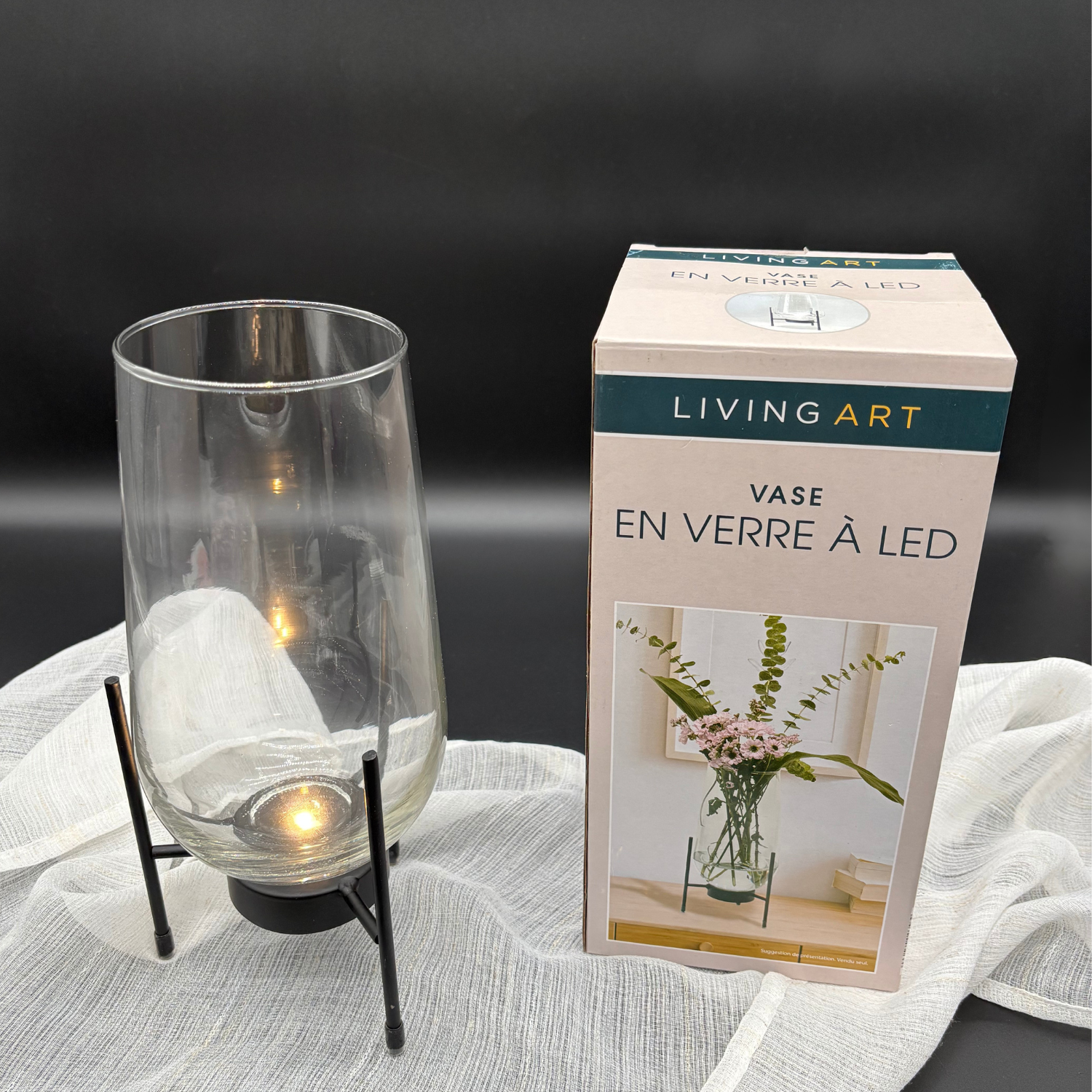 Vase mit Ständer LED Schwarz -  Gold Blumenvase Inkl. Batterien