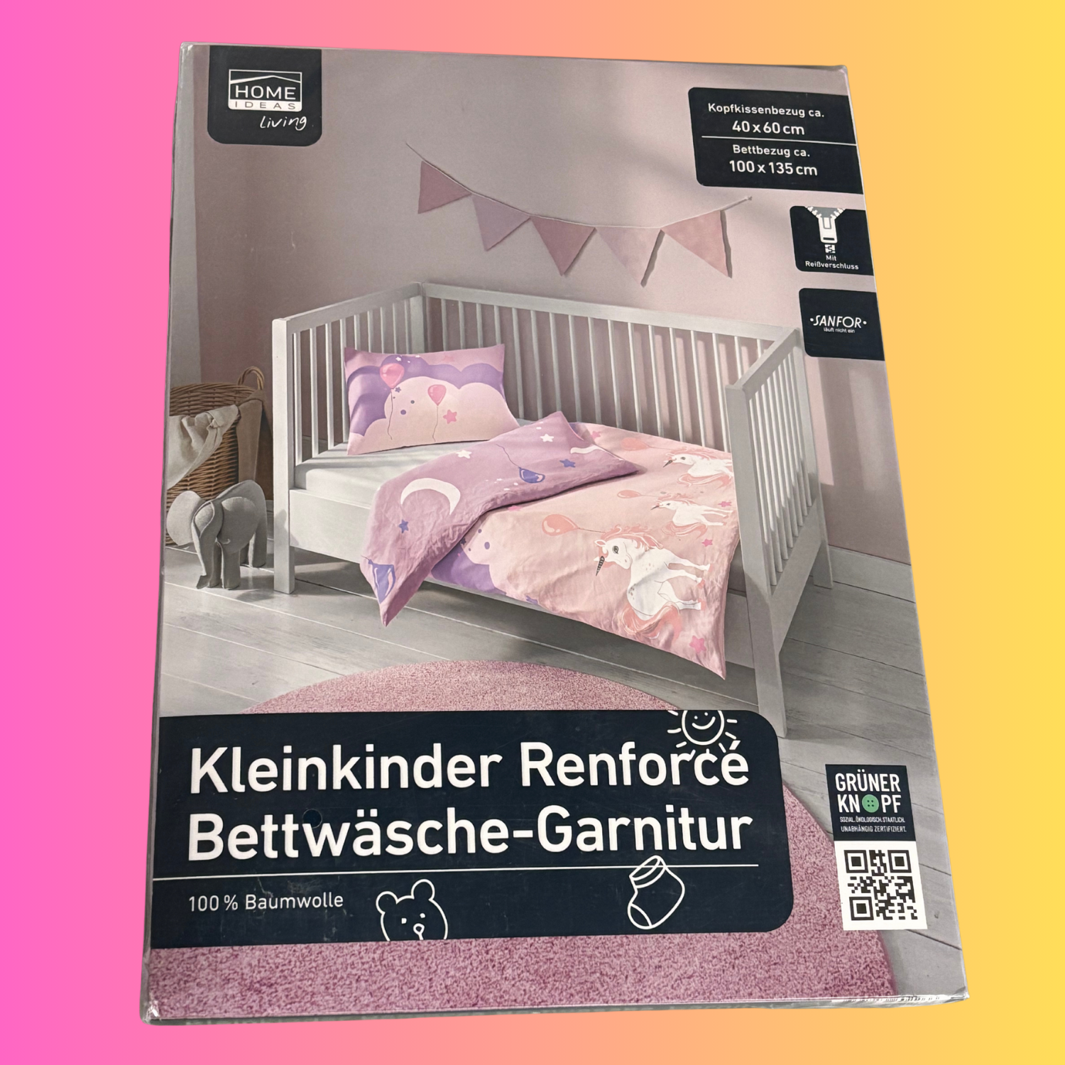 Einhorn Kleinkinder- Renforce Bettwäsche Garnitur 100 % Baumwolle mit Reißverschluss