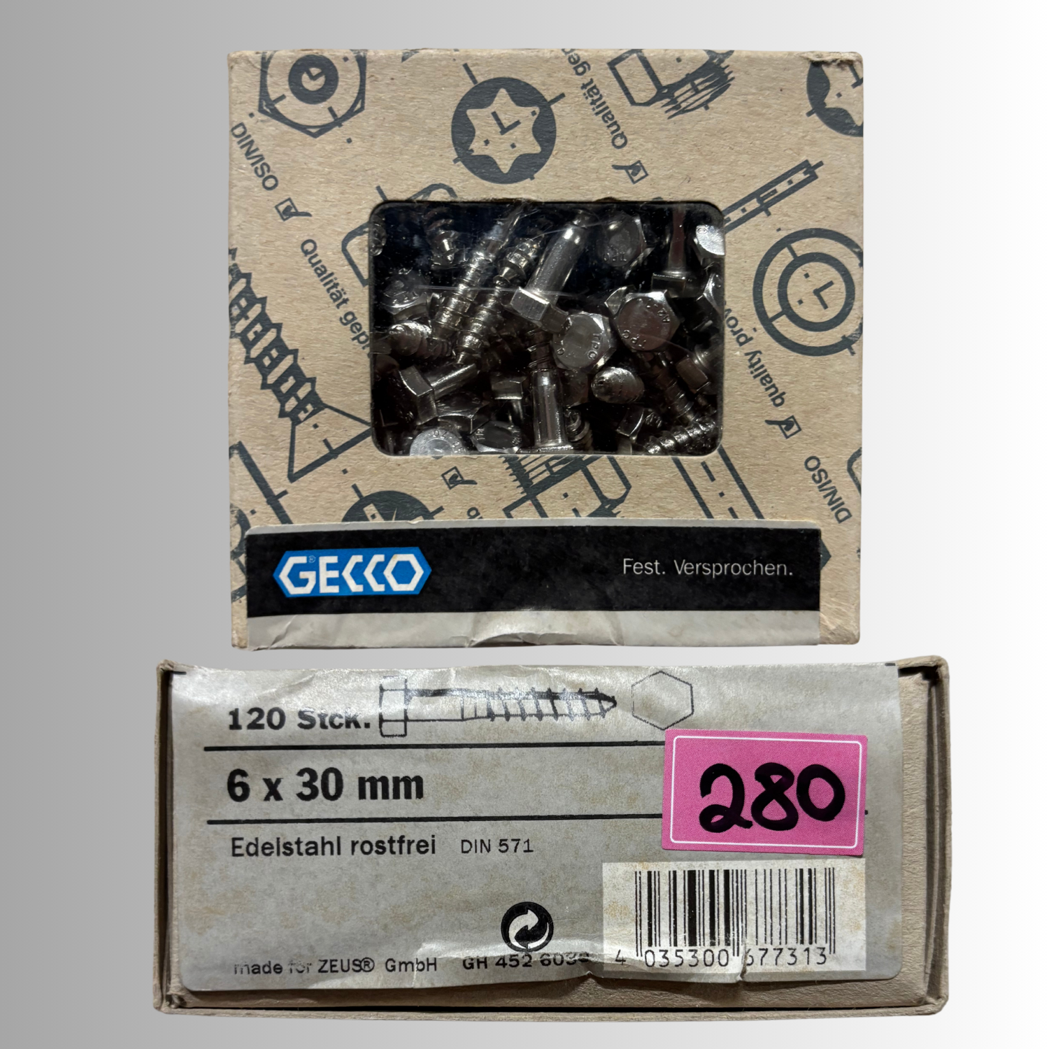 No.280 Gecco Schlüsselschrauben 6x30mm - 120 Stück Edelstahl
