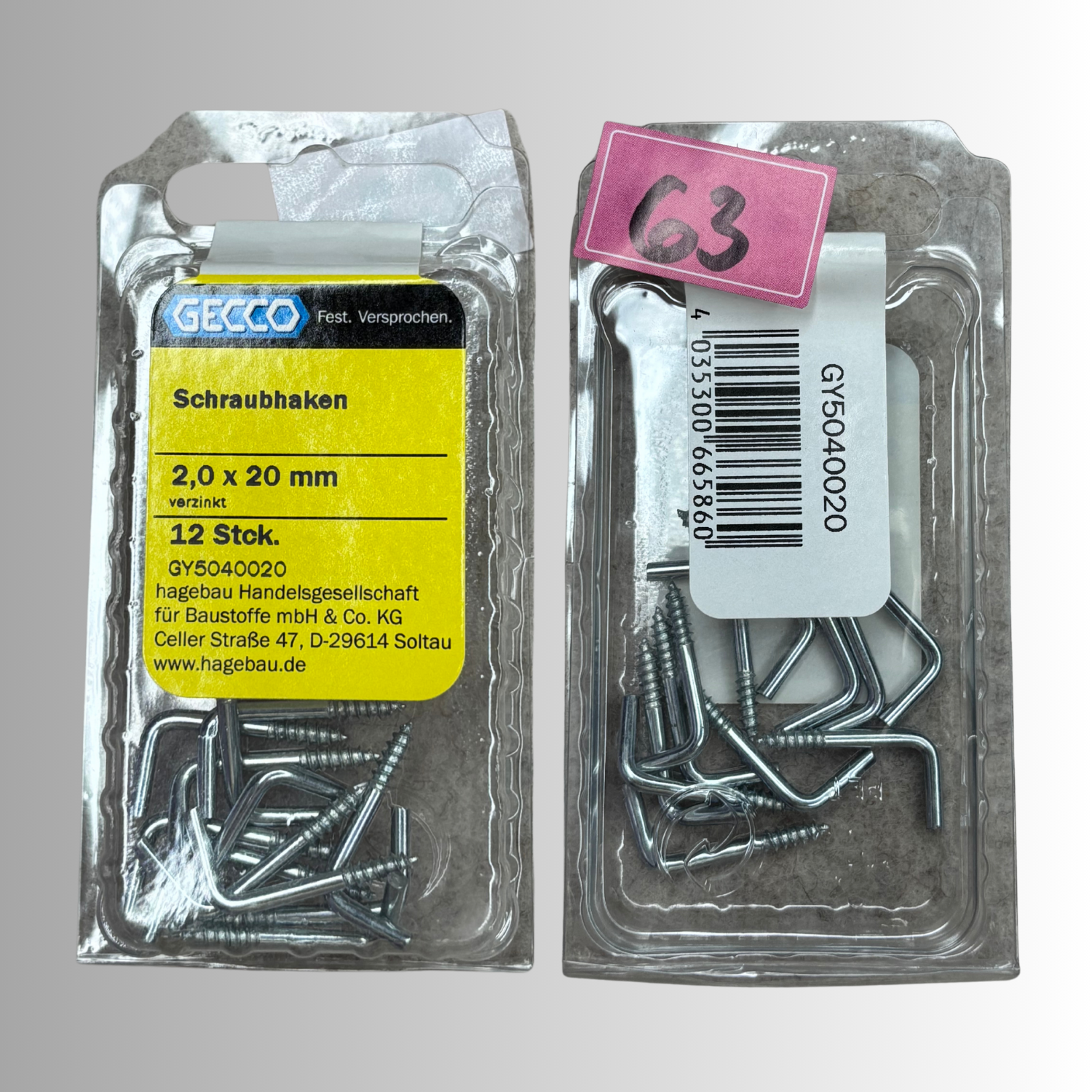 No.63 Gecco Schraubhaken 2,0x20mm - 12 Stück Verzinkt
