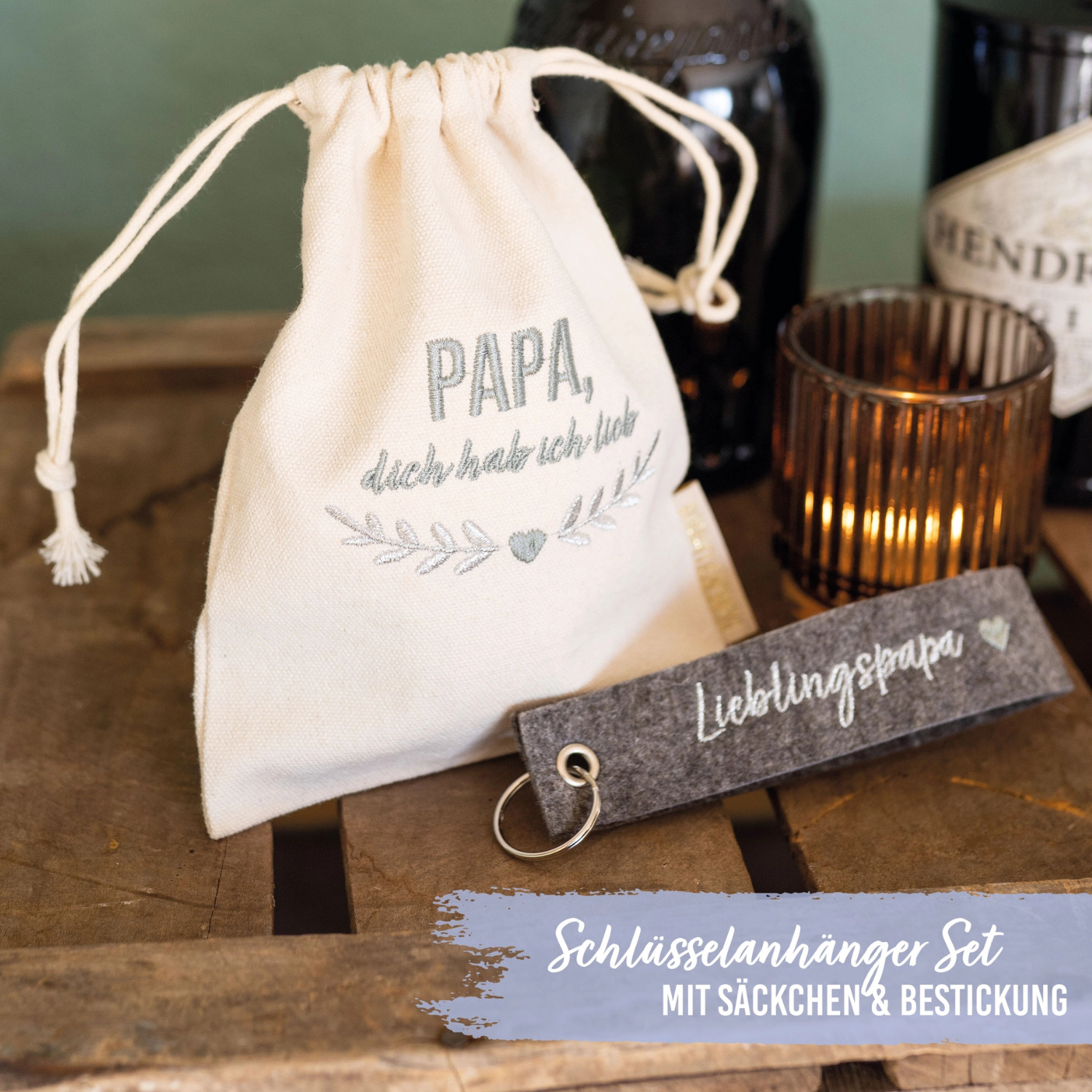 Geschenk PAPA Filzschlüsselanhänger mit Säckchen -Papa dich hab ich lieb - Lieblingspapa