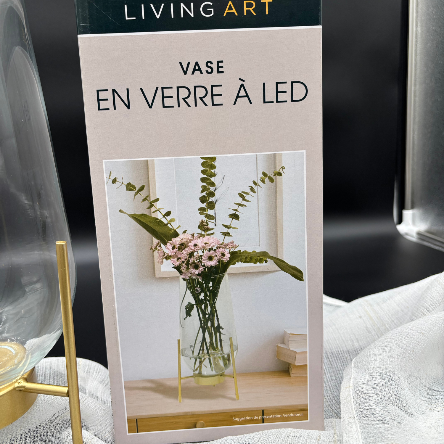 Vase mit Ständer LED Schwarz -  Gold Blumenvase Inkl. Batterien