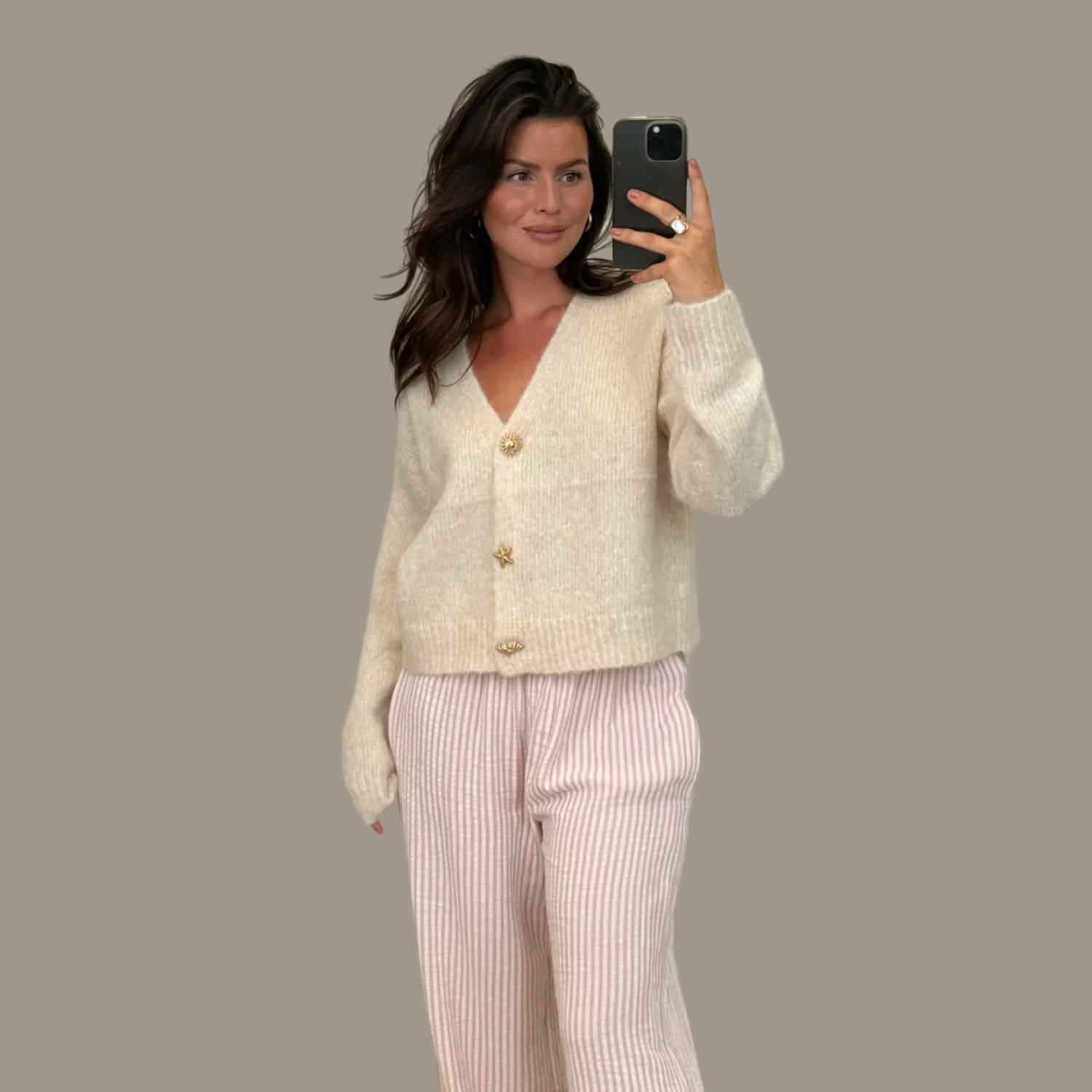 Cardigan Beige Pullover Strick Oberteil Damen Einheitsgröße