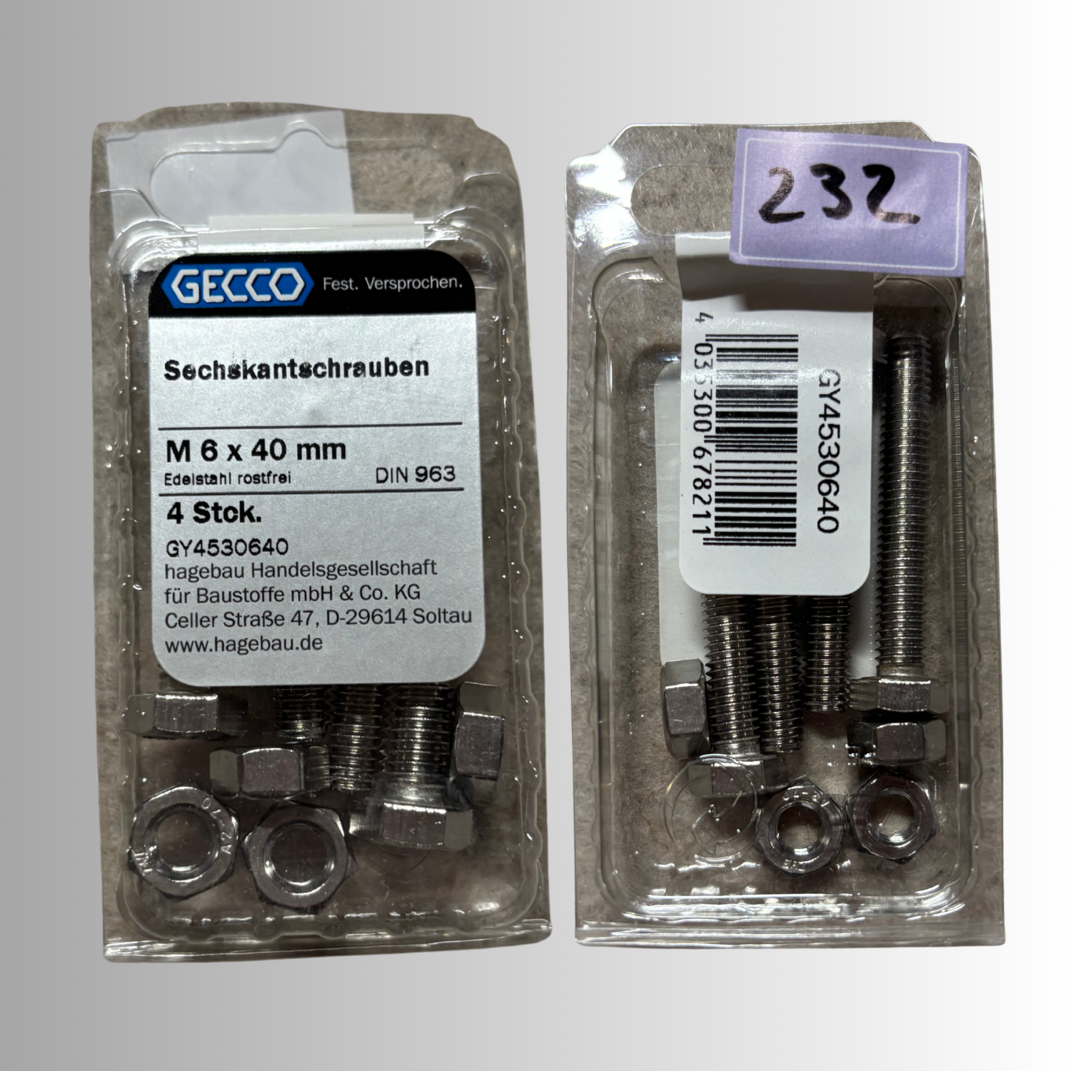 No.232 Gecco Sechskantschrauben M6x40mm - 4 Stück Edelstahl