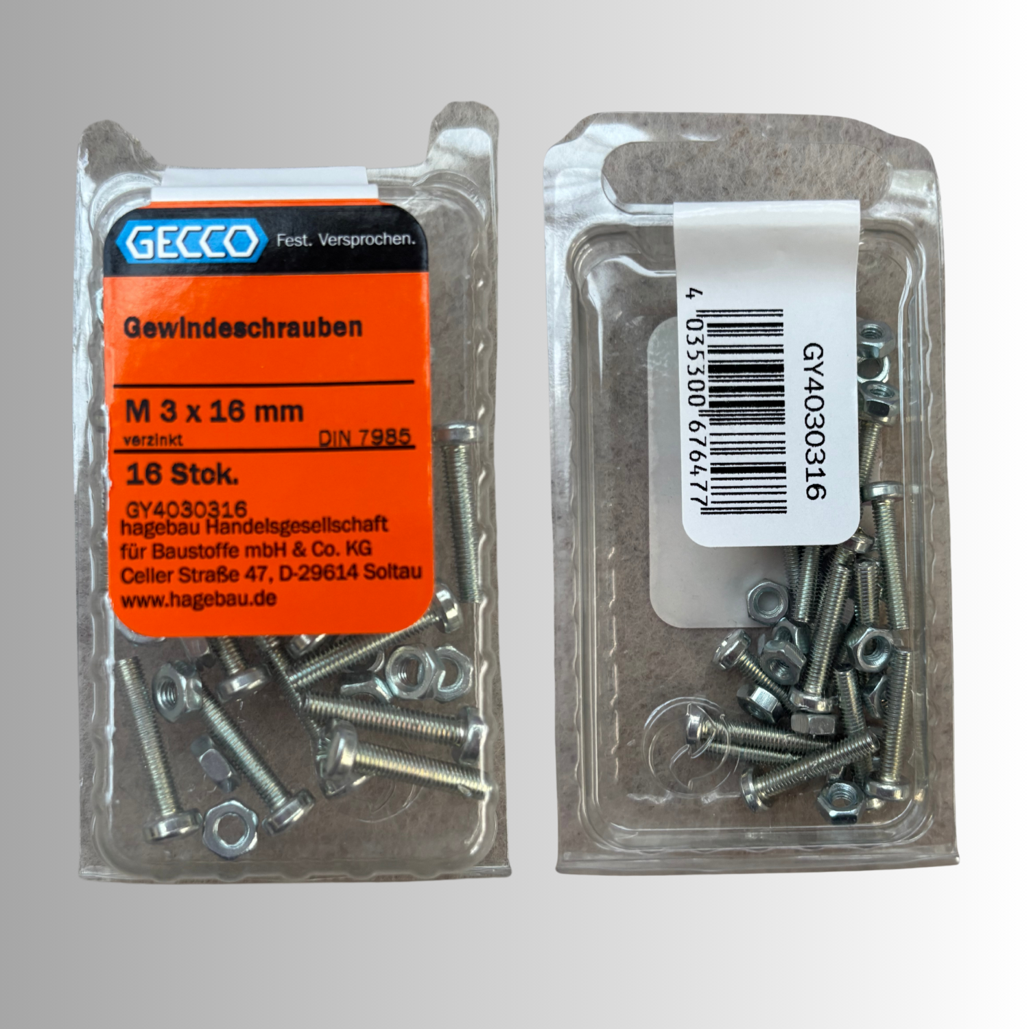 No.107 Gecco Gewindeschrauben M3x16mm - 16 Stück Verzinkt