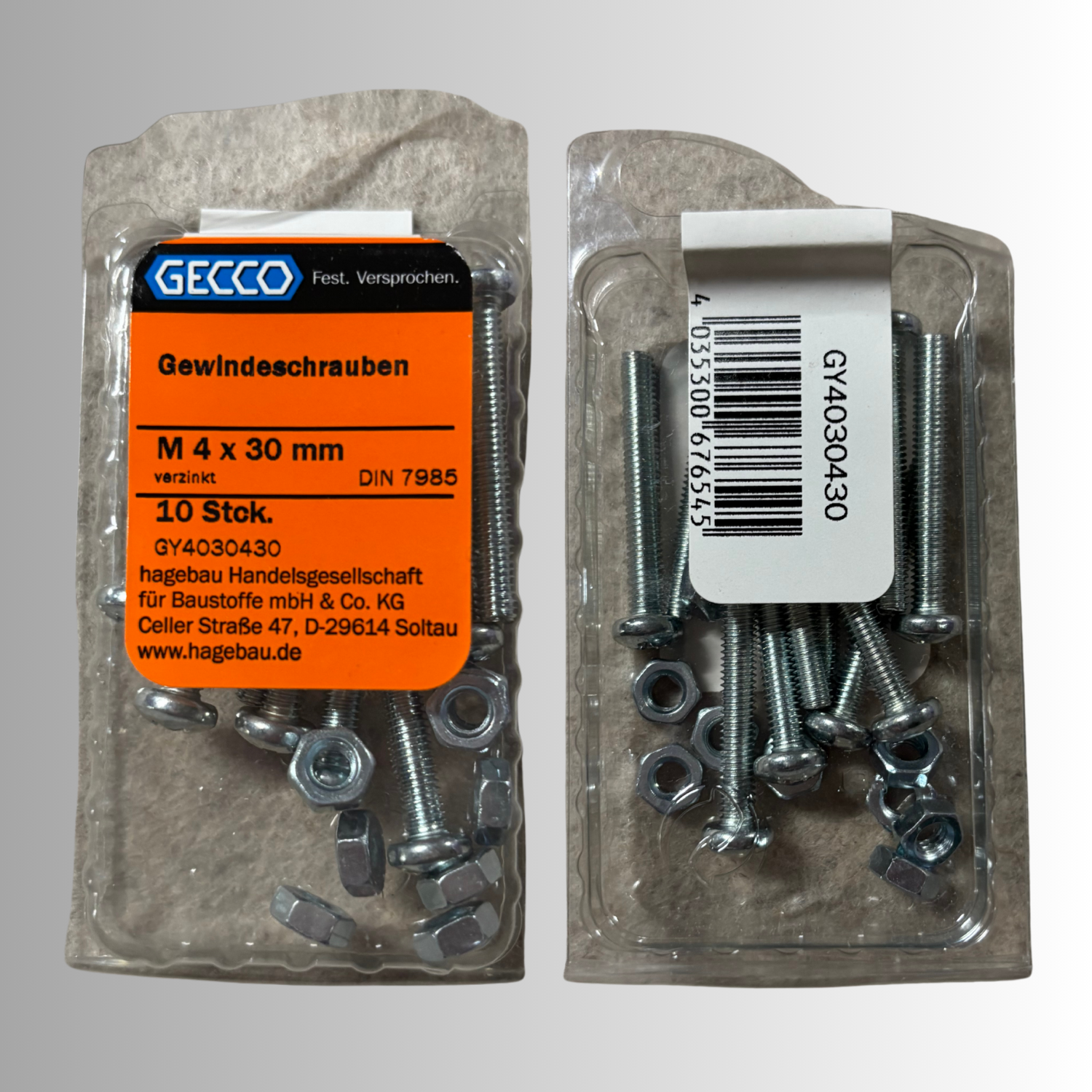 No.158 Gecco Gewindeschrauben M4x30mm - 10 Stück Verzinkt