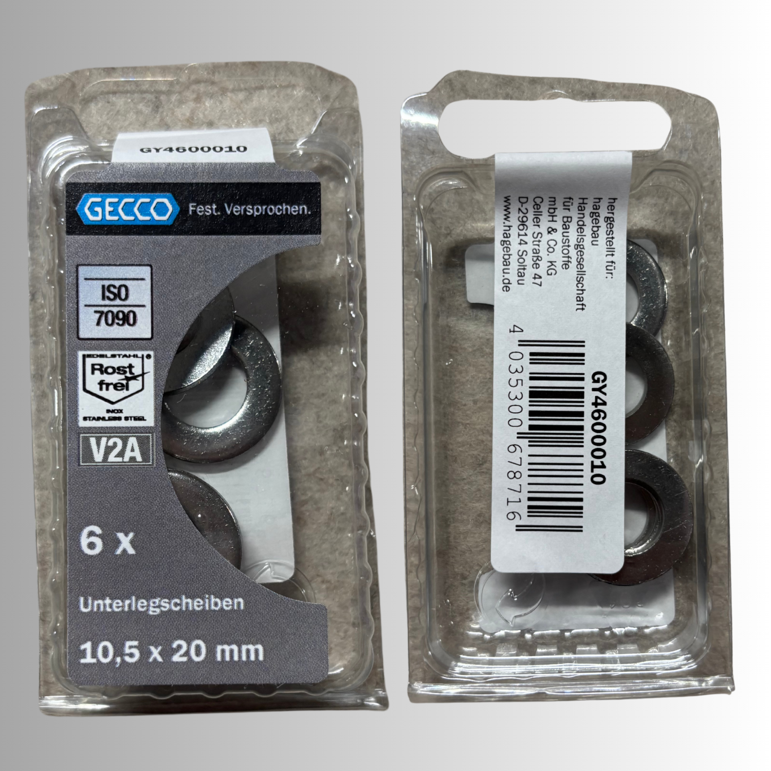 No.222 Gecco Unterlegscheiben 10,5x20mm - 6 Stück Edelstahl