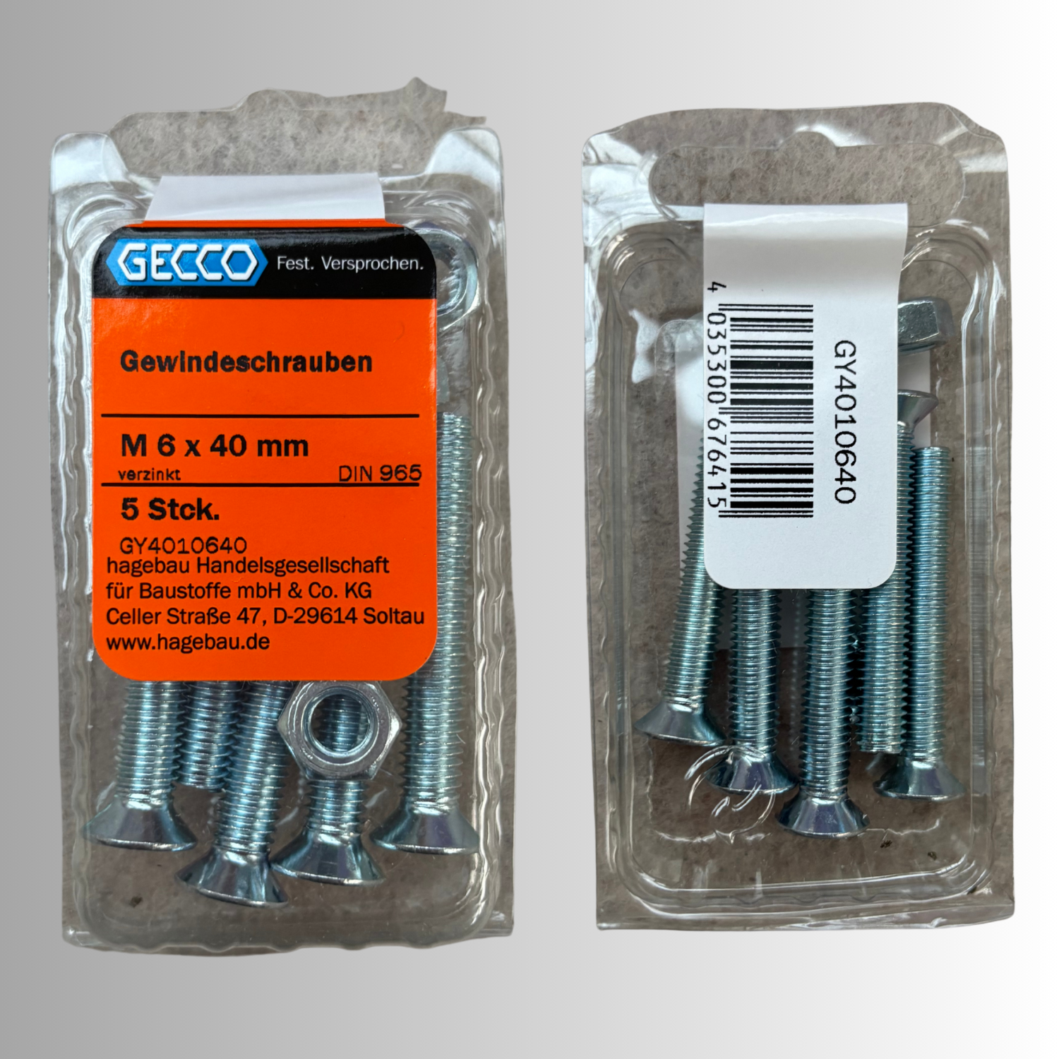 No.138 Gecco Gewindeschrauben M6x40mm - 5 Stück Verzinkt