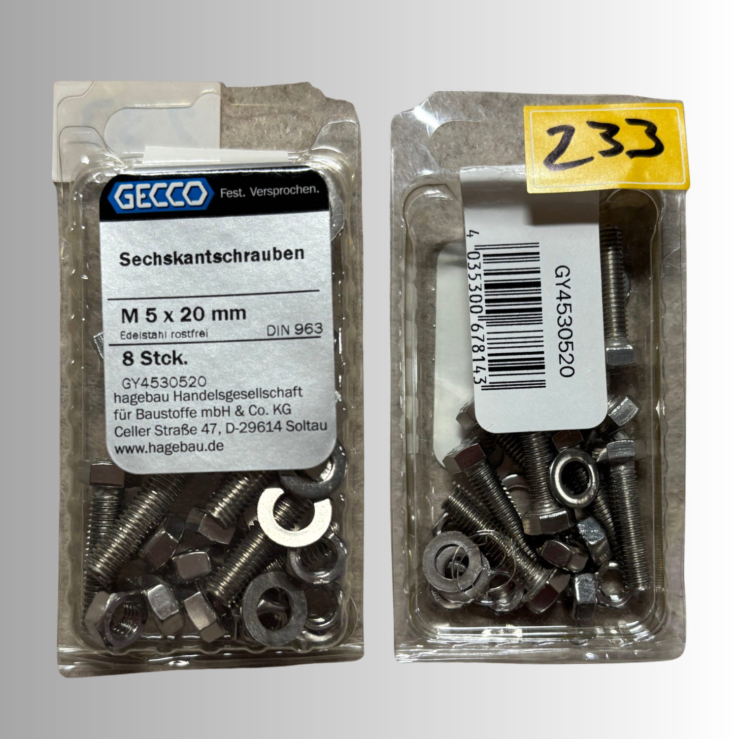 No.233 Gecco Sechskantschrauben M5x20mm - 8 Stück Edelstahl