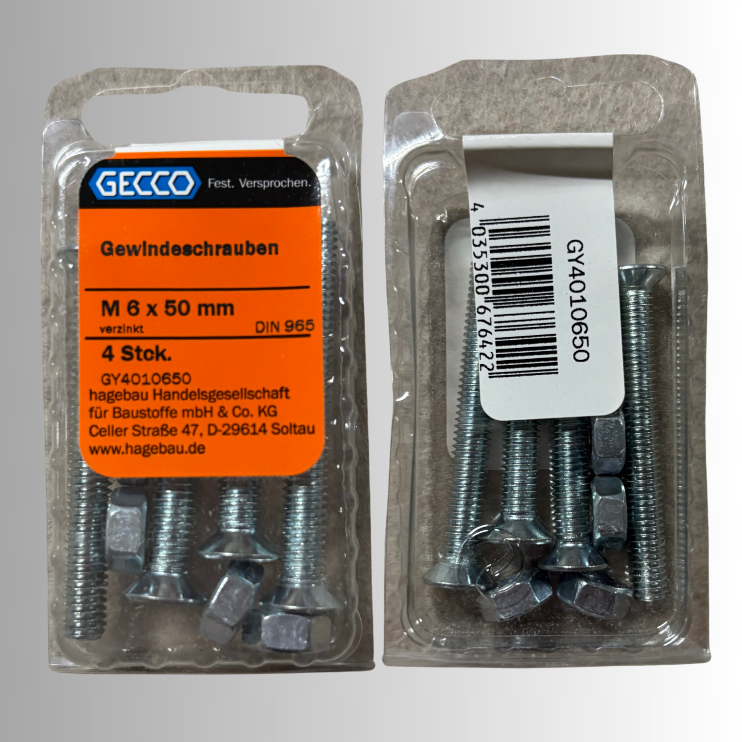 No.172 Gecco Gewindeschrauben M6x50mm - 4 Stück Verzinkt
