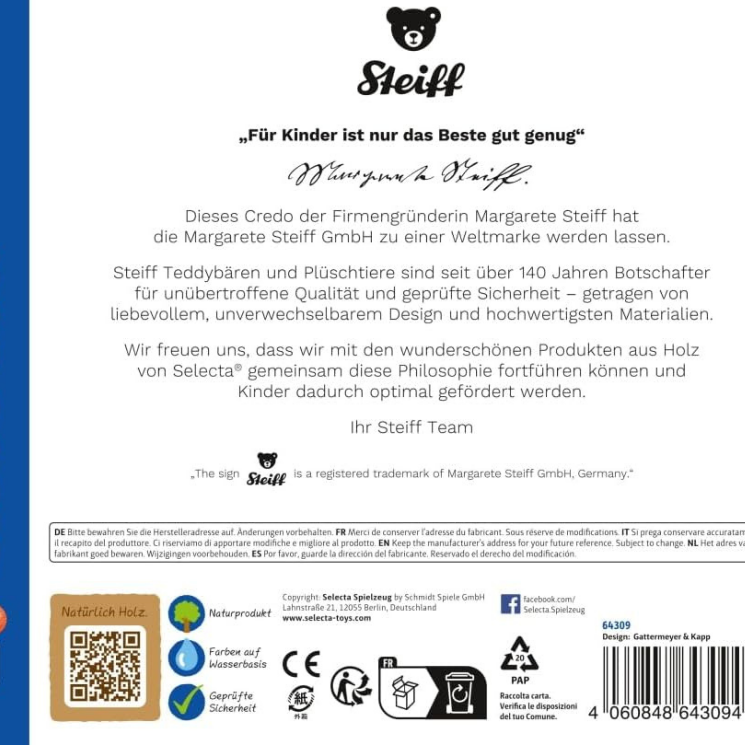 Selecta Steiff Motorikbrett, Motorikspielzeug, Motorik Spielzeug, Holz, 17 cm Baby Kinder
