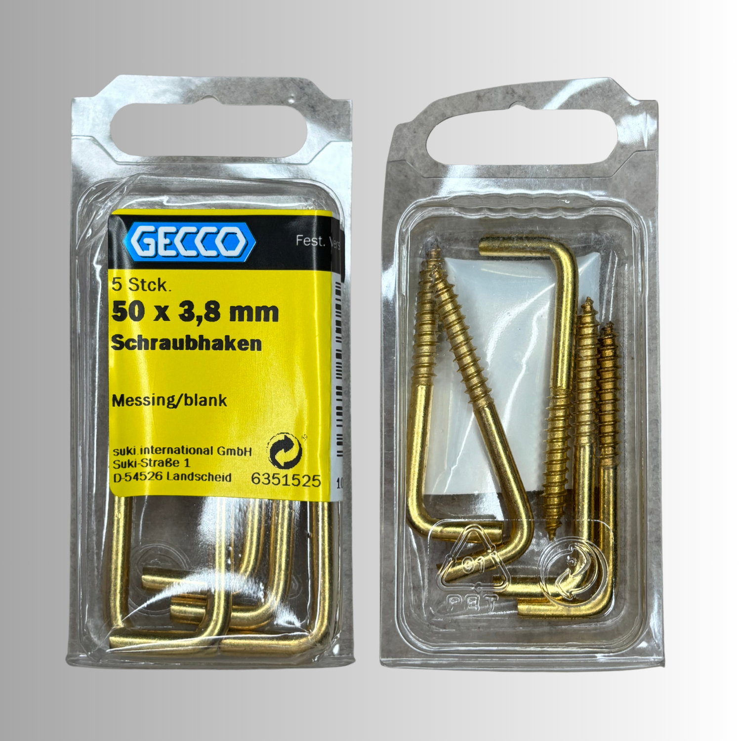 No.24 Gecco Schraubhaken 50x3,8mm - 5 Stück Messing Blank