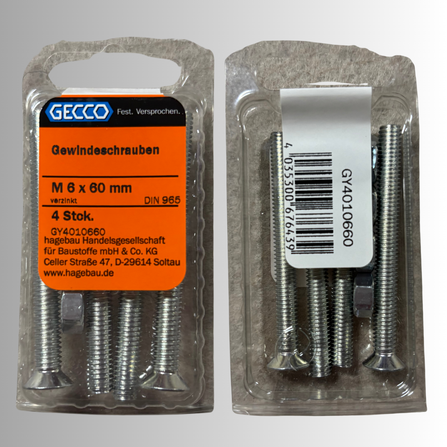 No.174 Gecco Gewindeschrauben M6x60mm - 4 Stück Verzinkt