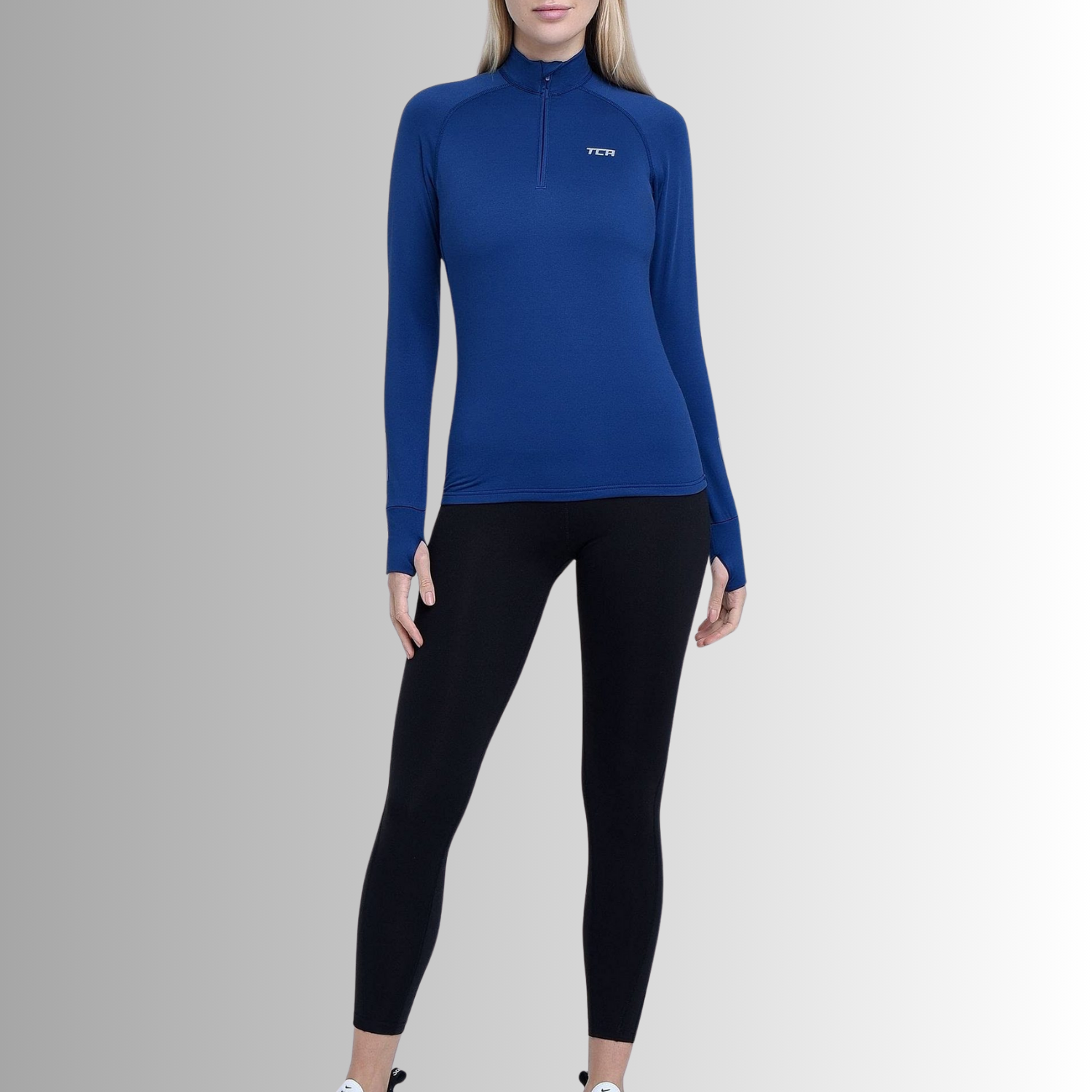 TCA Damen Winter Running Langarm Laufshirt mit Brustreißverschluss Dunkelblau Größe: S