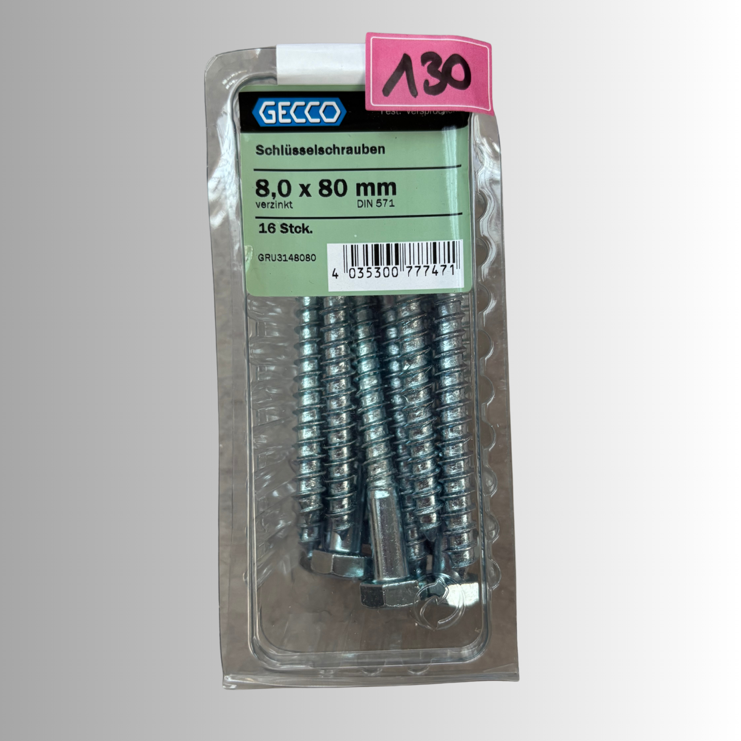 No.130 Gecco Schlüsselschrauben 8x80mm - 16 Stück Verzinkt