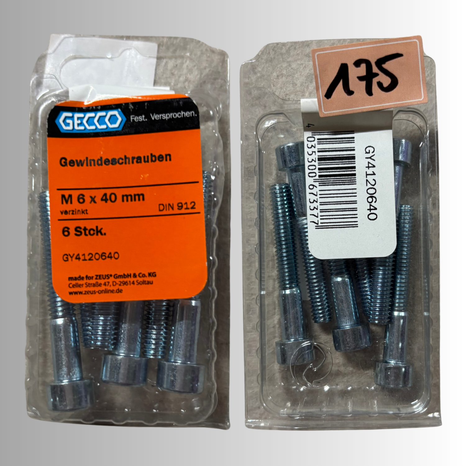 No.175 Gecco Gewindeschrauben M6x40mm - 6 Stück Verzinkt