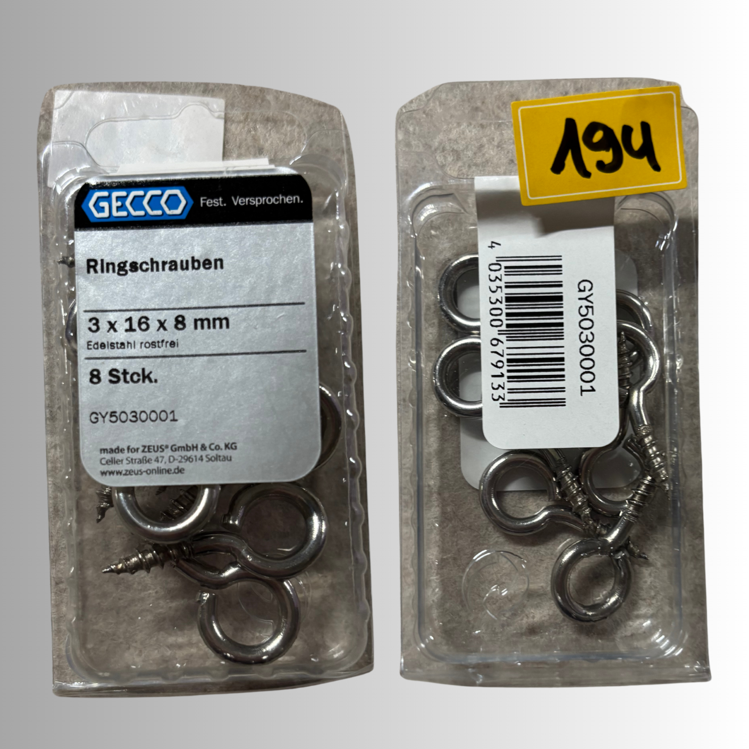 No.194 Gecco Ringschrauben 3x16x8mm - 8 Stück Edelstahl