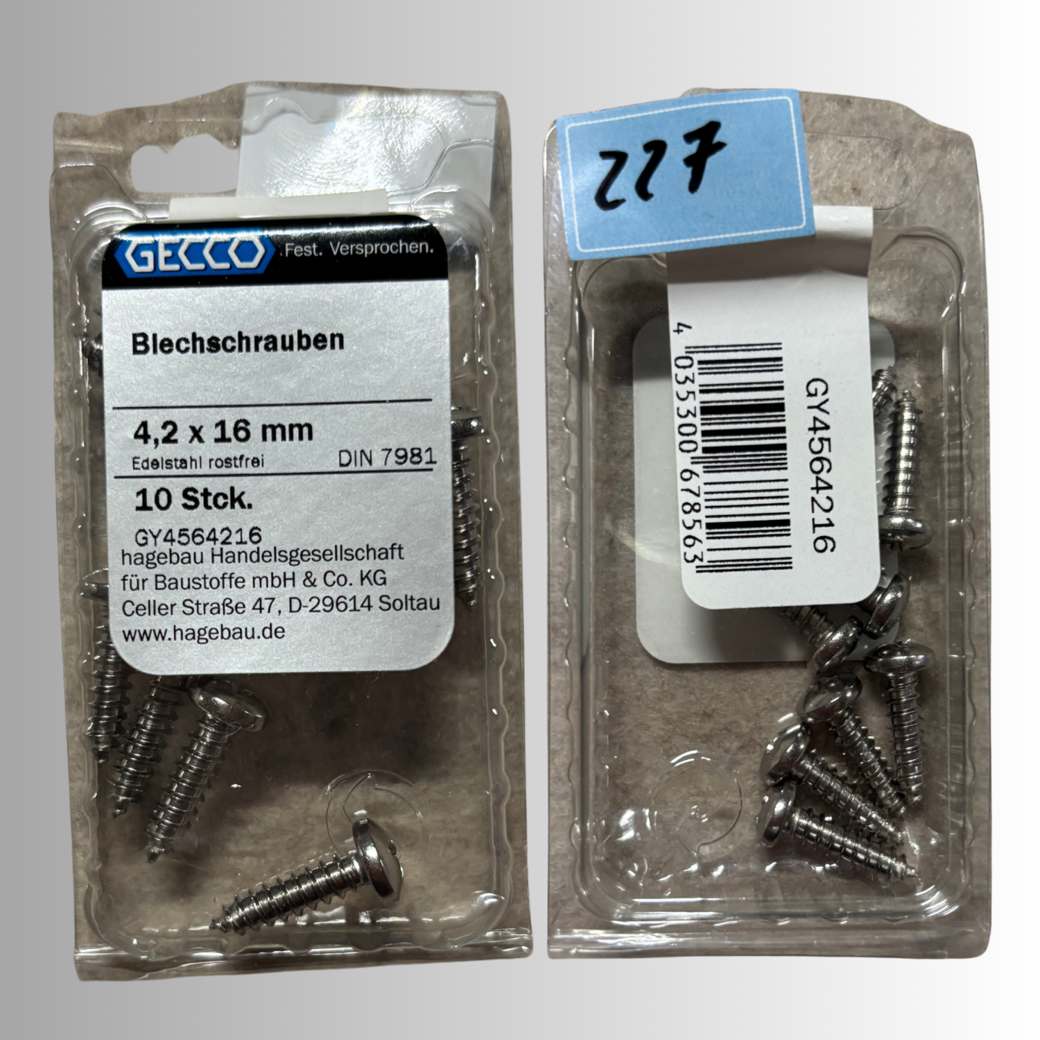 No.227 Gecco Blechschrauben 4,2x16mm - 10 Stück Edelstahl