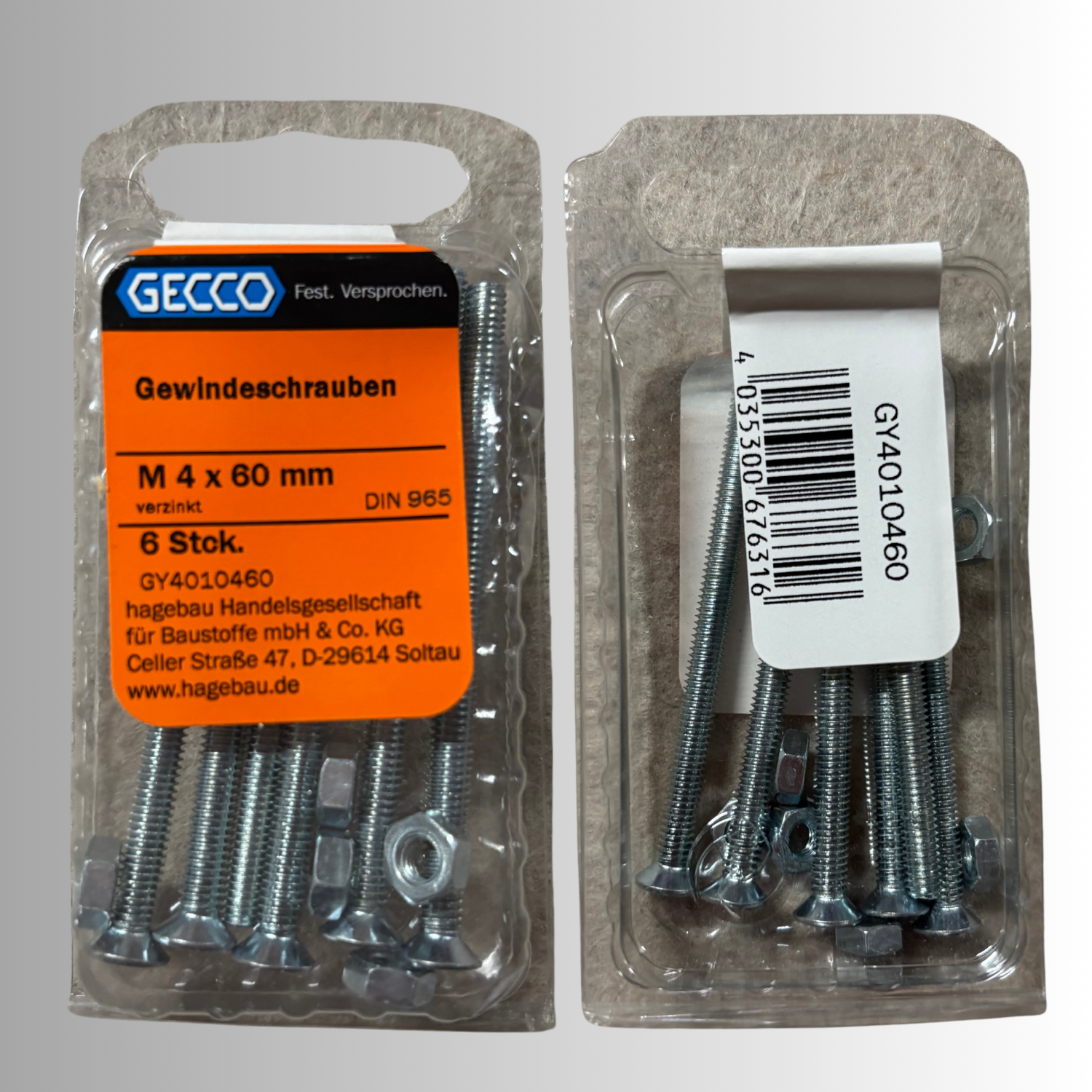 No.163 Gecco Gewindeschrauben M4x60mm - 6 Stück Verzinkt