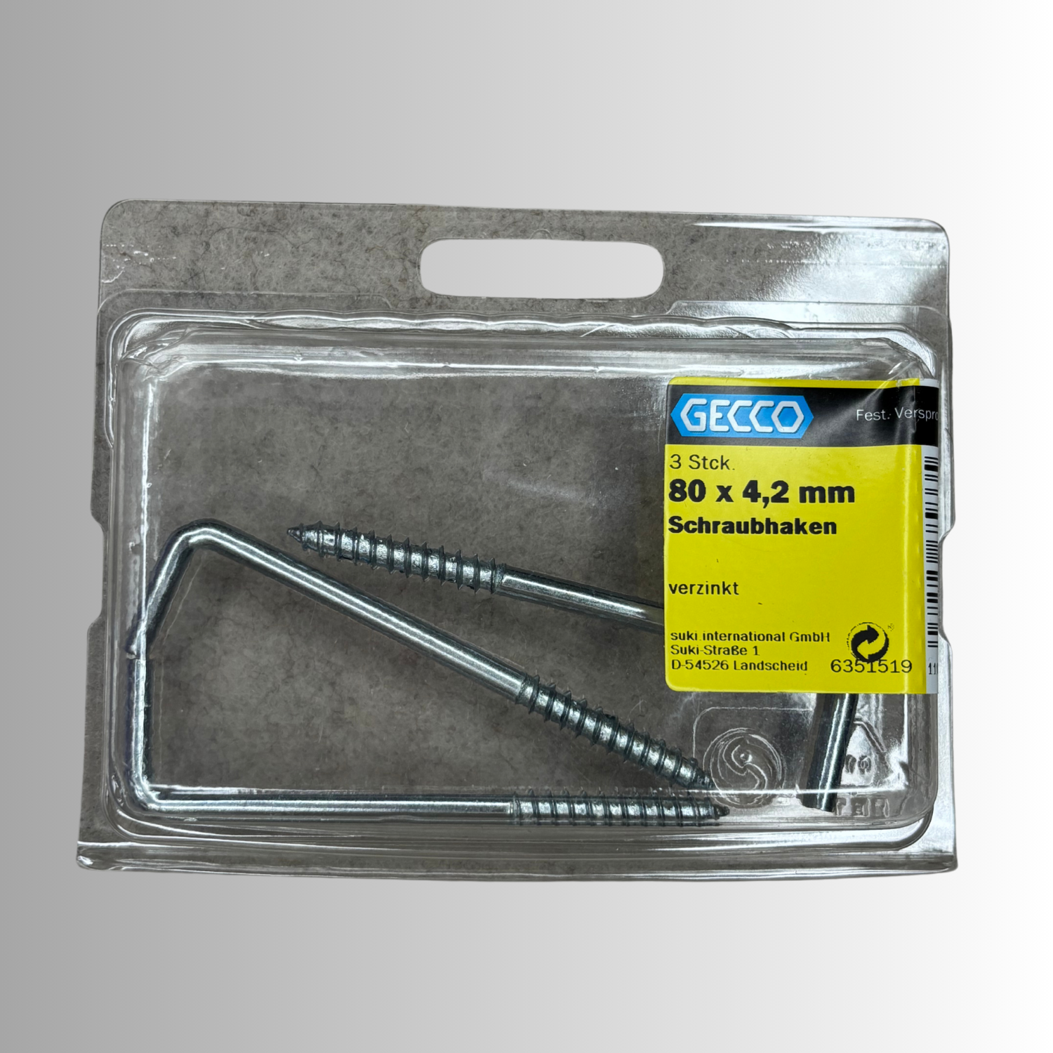 No.37 Gecco Schraubhaken 80x4,2mm - 3 Stück Verzinkt