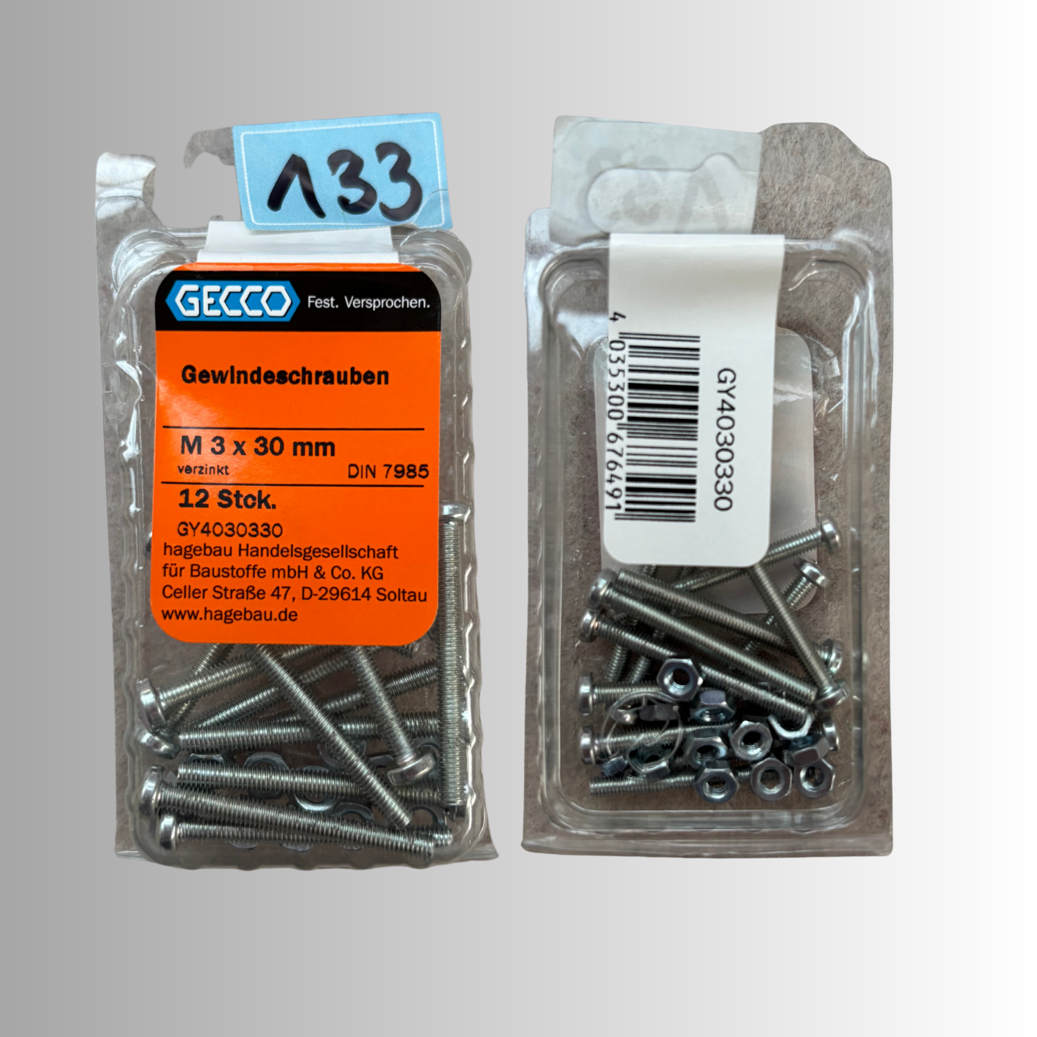 No.133 Gecco Gewindeschrauben M3x30mm - 12 Stück Verzinkt