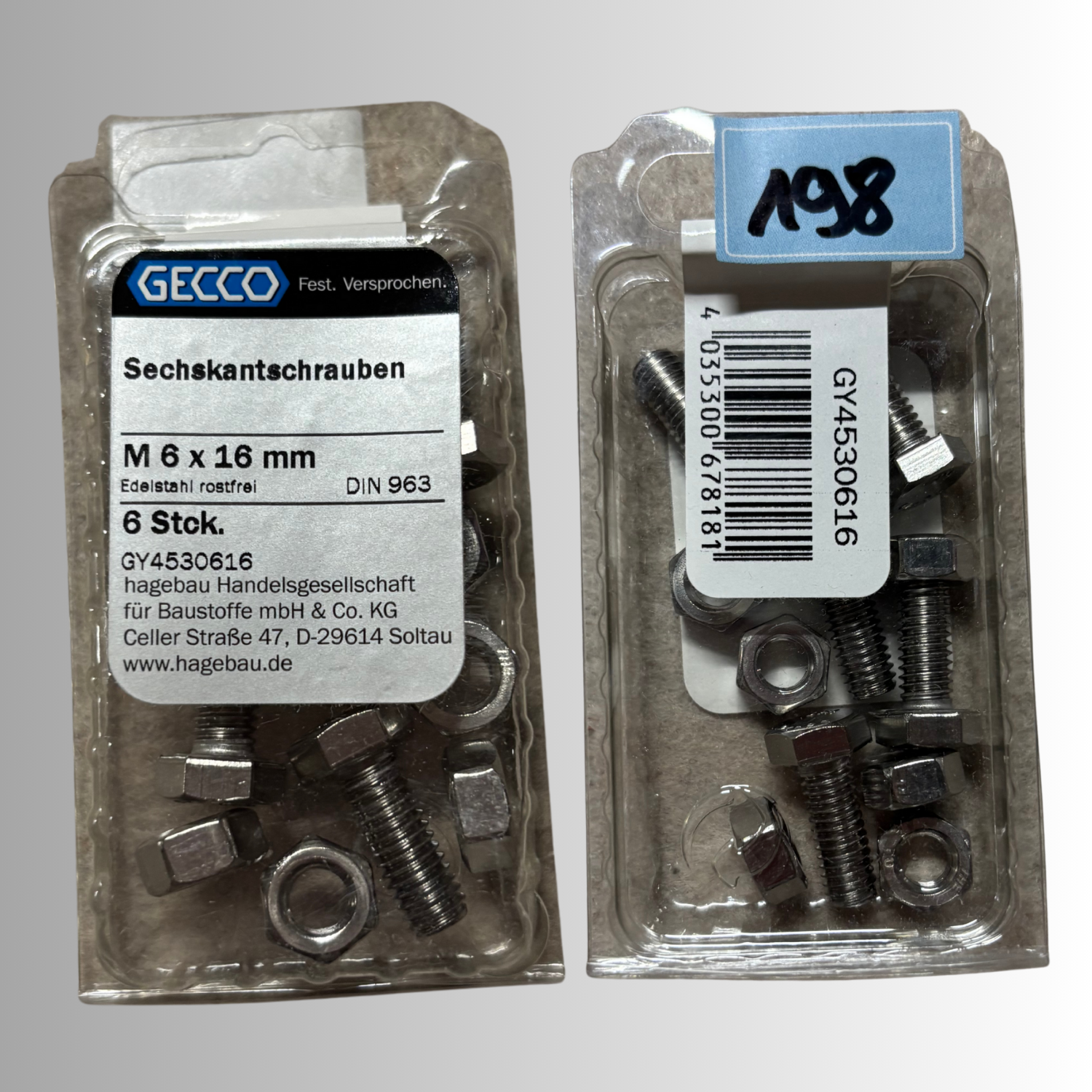 No.198 Gecco Sechskantschrauben M6x16mm - 6 Stück Edelstahl
