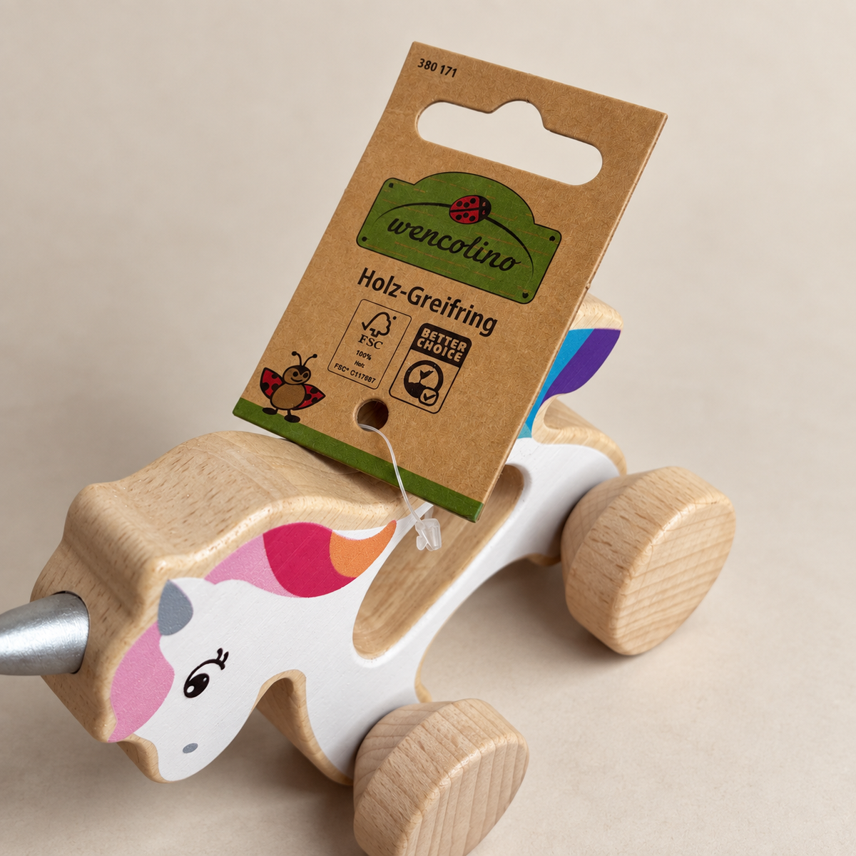 Wencolino Holz-Greifring Einhorn mit Rollen Baby