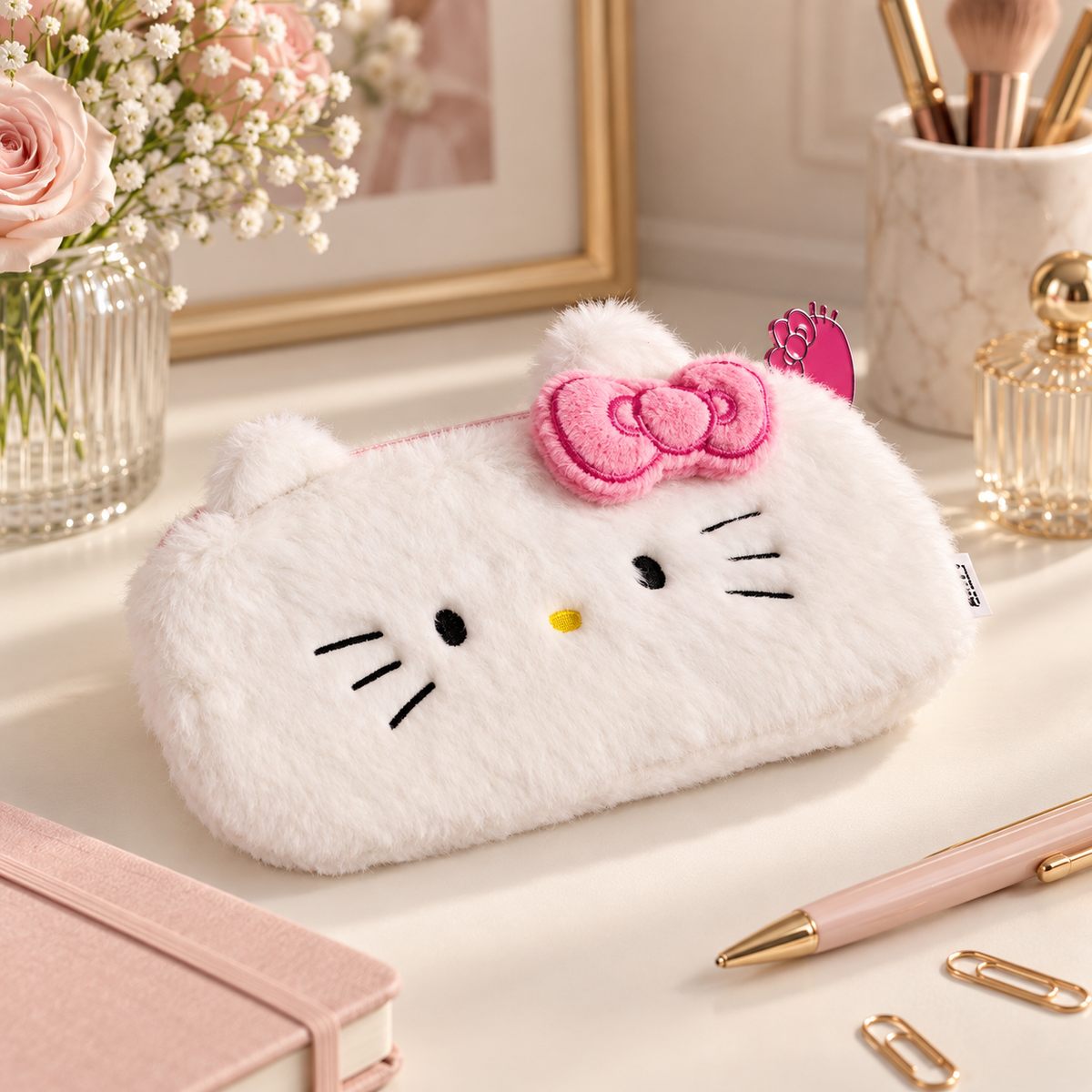 Hello Kitty Federtasche / Mäppchen mit 3D-Elementen –Weiß Puderrosa, 22 × 11 cm