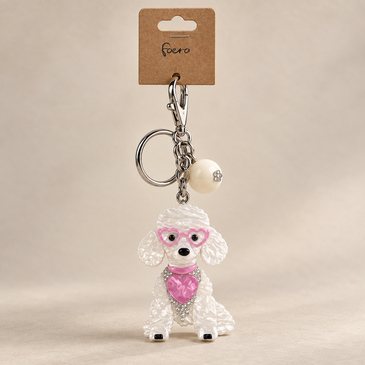 Schlüsselanhänger Pudel Hund mit Herz Weiß/Rosa Anhänger