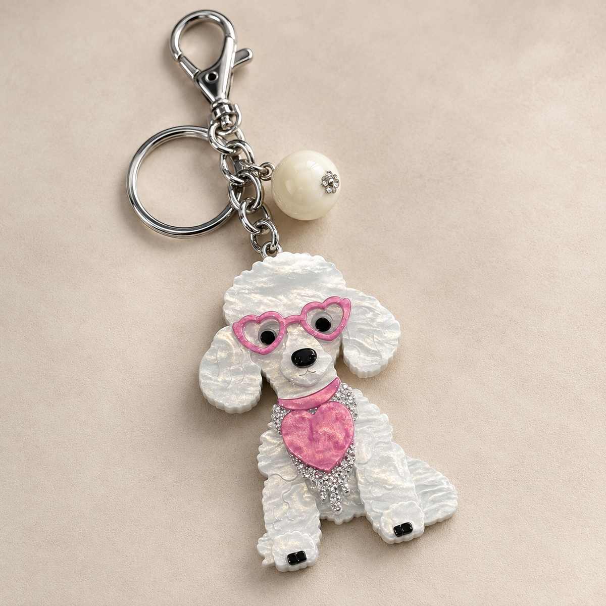 Schlüsselanhänger Pudel Hund mit Herz Weiß/Rosa Anhänger