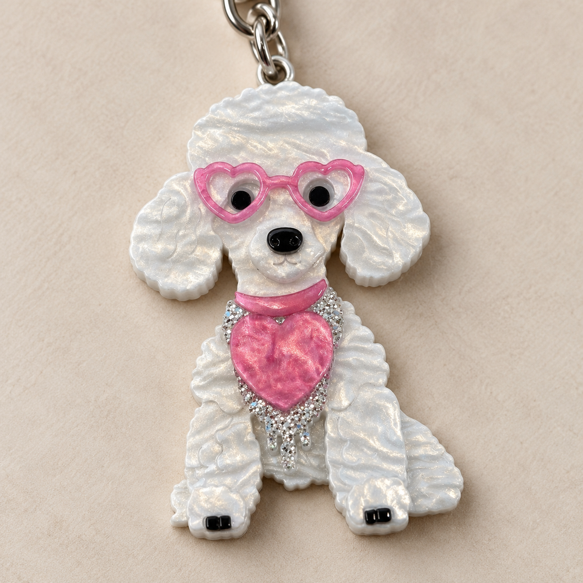 Schlüsselanhänger Pudel Hund mit Herz Weiß/Rosa Anhänger