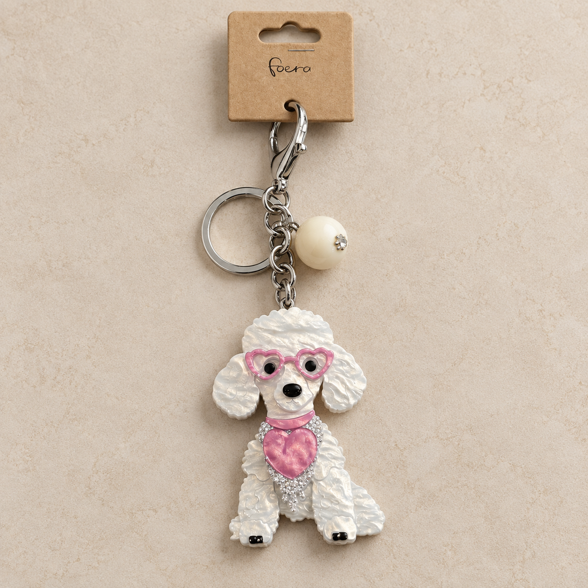 Schlüsselanhänger Pudel Hund mit Herz Weiß/Rosa Anhänger