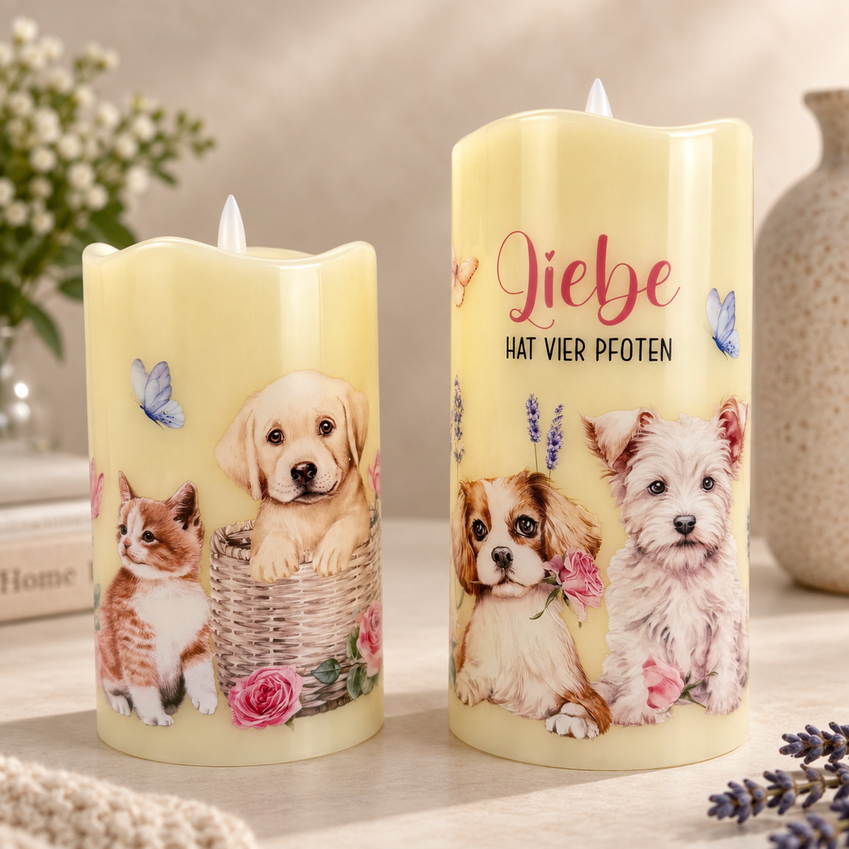 LED-Dekokerzen „Liebe hat vier Pfoten“ – 2er-Set mit Hunde- & Katzenmotiv