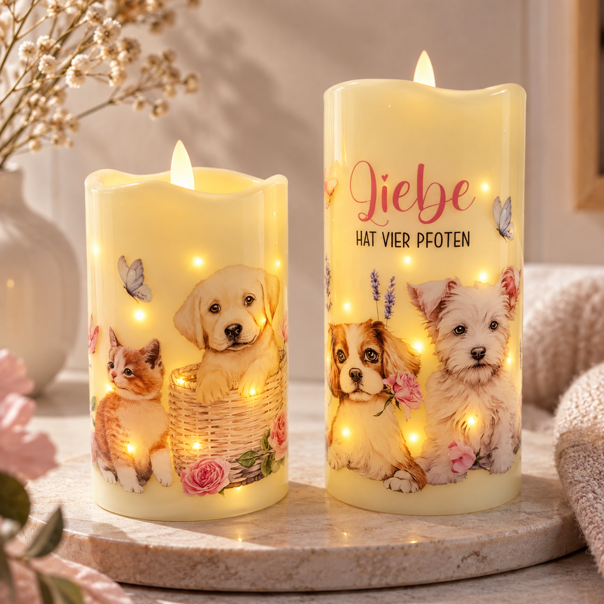 LED-Dekokerzen „Liebe hat vier Pfoten“ – 2er-Set mit Hunde- & Katzenmotiv