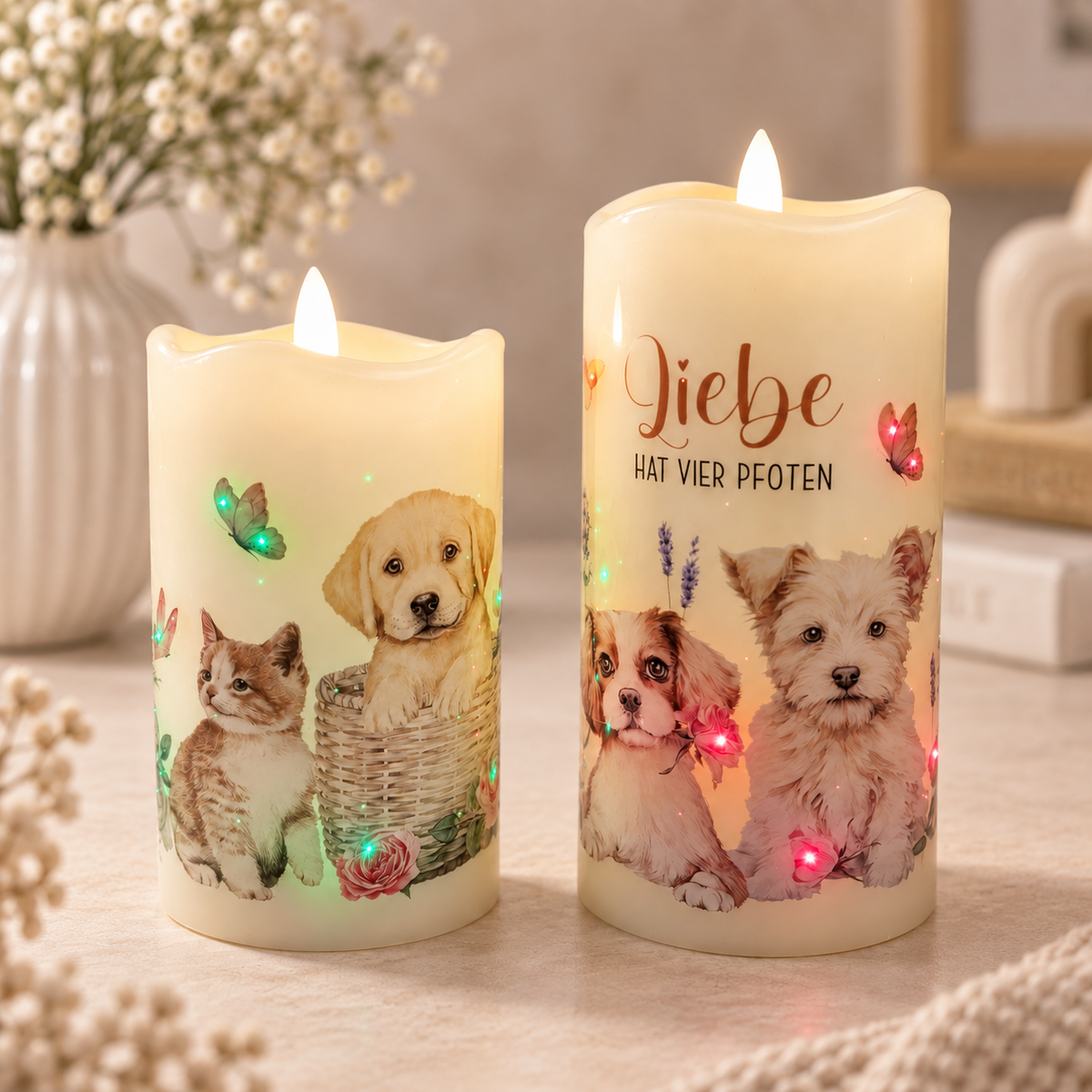 LED-Dekokerzen „Liebe hat vier Pfoten“ – 2er-Set mit Hunde- & Katzenmotiv