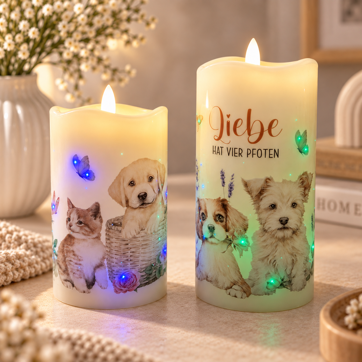LED-Dekokerzen „Liebe hat vier Pfoten“ – 2er-Set mit Hunde- & Katzenmotiv