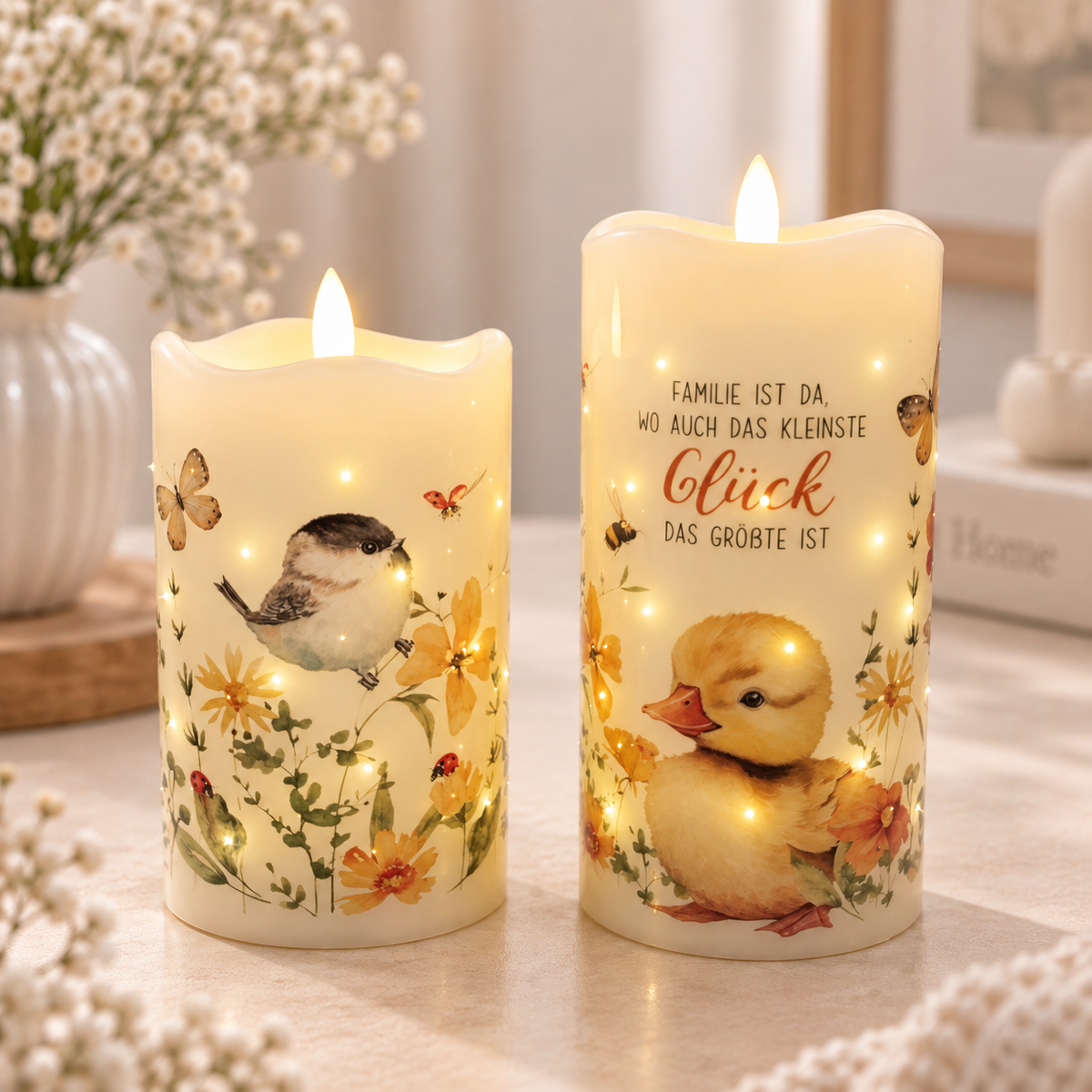 LED-Dekokerzen „Familie ist da, wo auch das kleinste Glück das Größte ist“ – 2er-Set mit Vogelmotiv