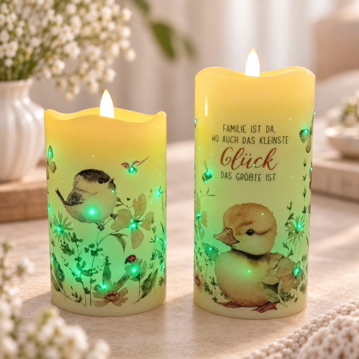 LED-Dekokerzen „Familie ist da, wo auch das kleinste Glück das Größte ist“ – 2er-Set mit Vogelmotiv